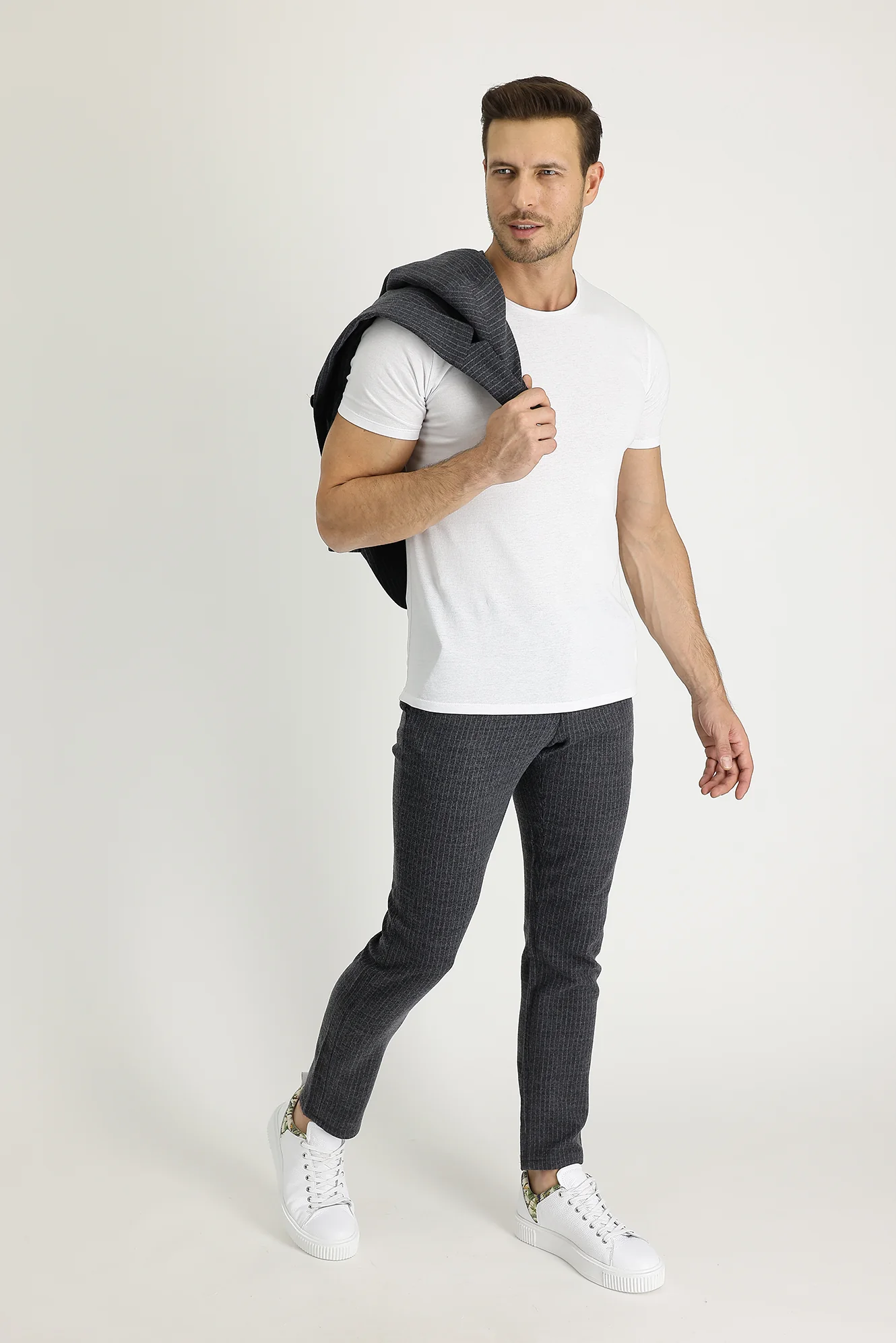 Koyu Antrasit 7 Drop Slim Fit Dar Kesim Yünlü Beli Lastikli İpli Çizgili Kumaş Pantolon - Image 2