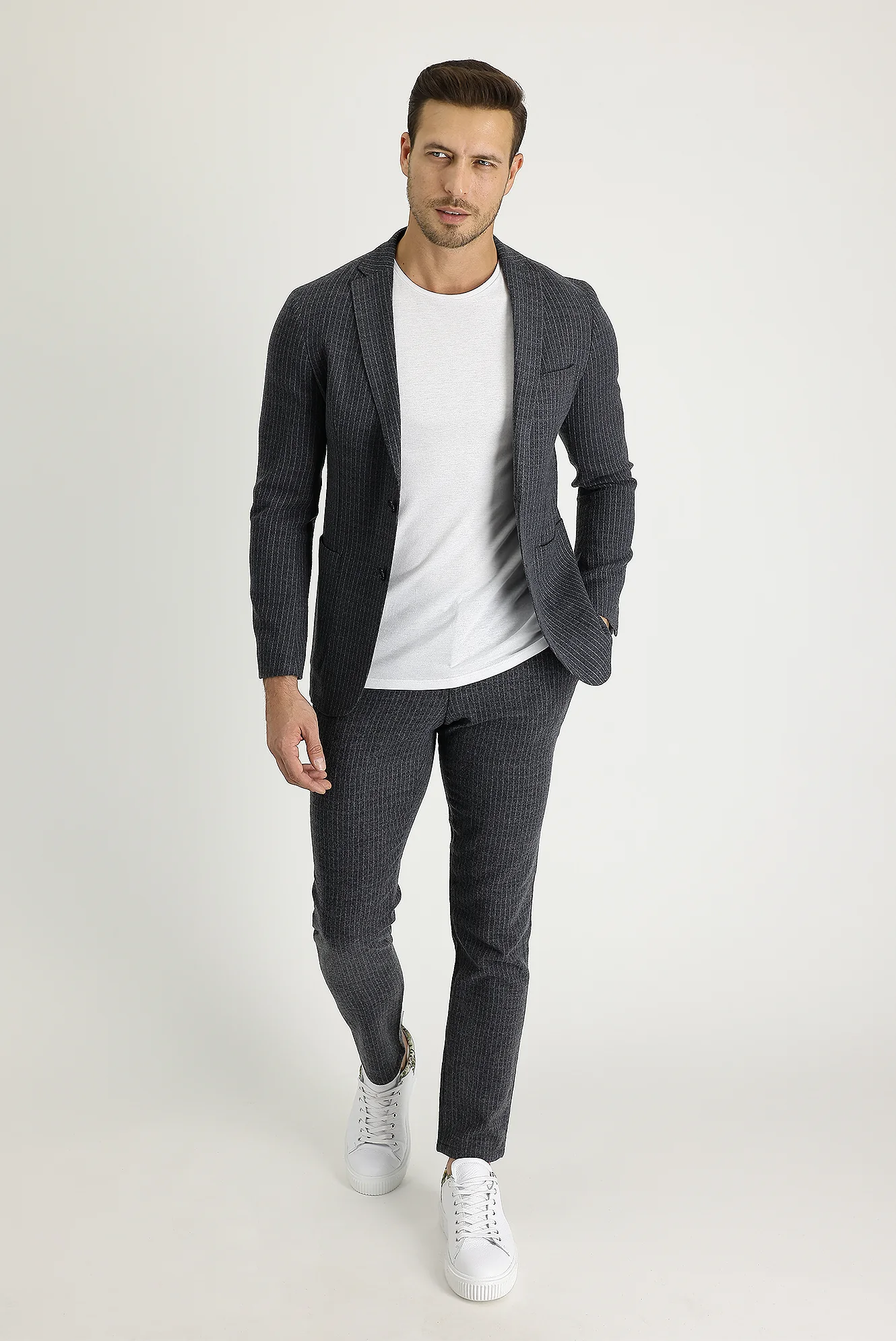 Koyu Antrasit 7 Drop Slim Fit Dar Kesim Yünlü Beli Lastikli İpli Çizgili Kumaş Pantolon - Image 3