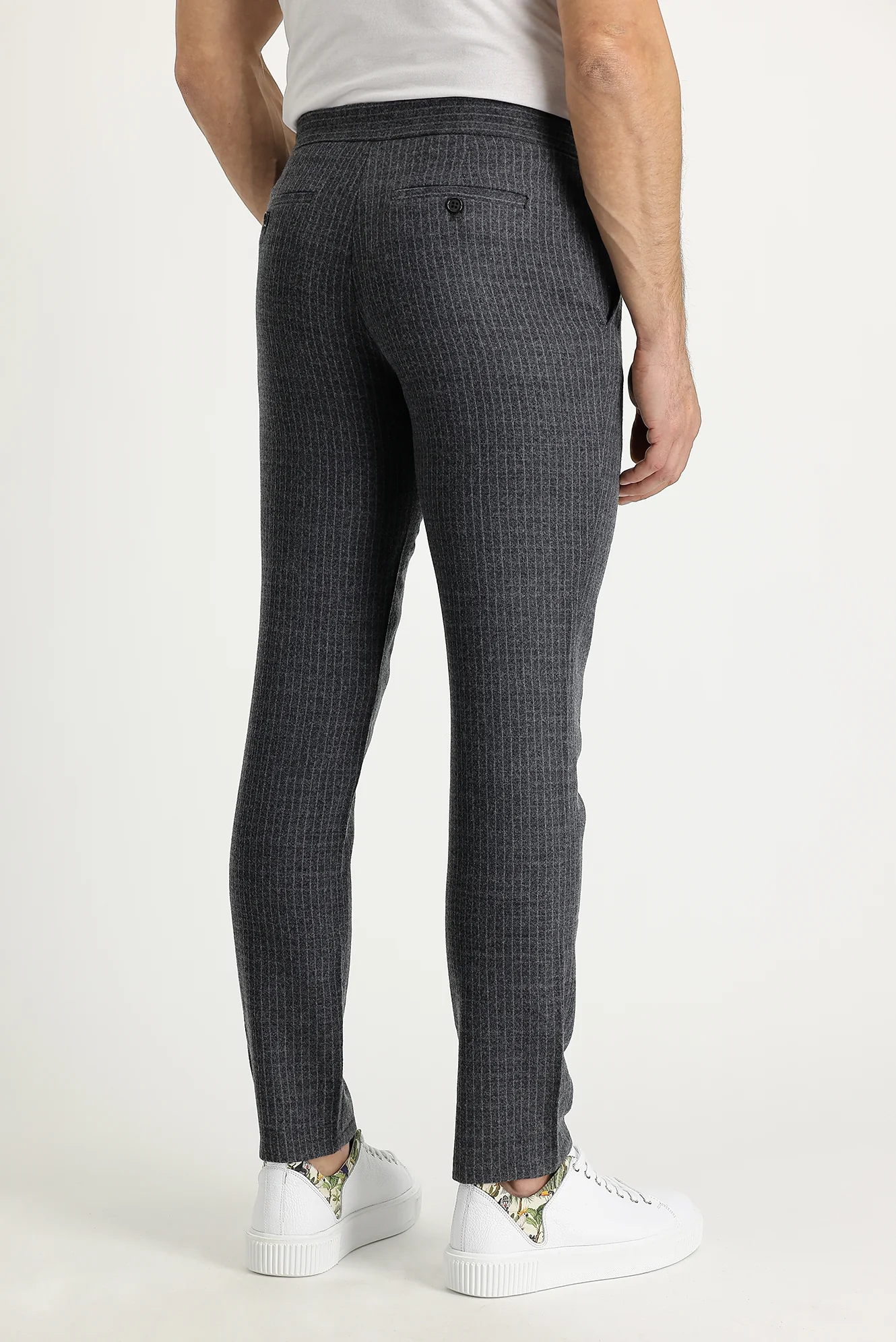 Koyu Antrasit 7 Drop Slim Fit Dar Kesim Yünlü Beli Lastikli İpli Çizgili Kumaş Pantolon - Image 5