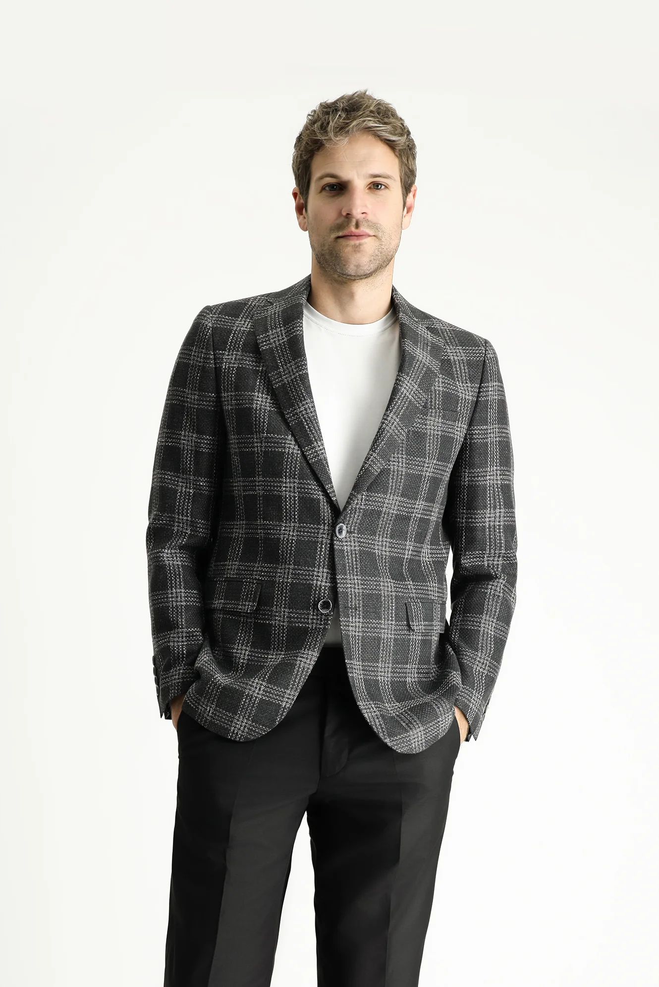 Koyu Antrasit 7 Drop Slim Fit Dar Kesim Yünlü Keten Ekose Ceket