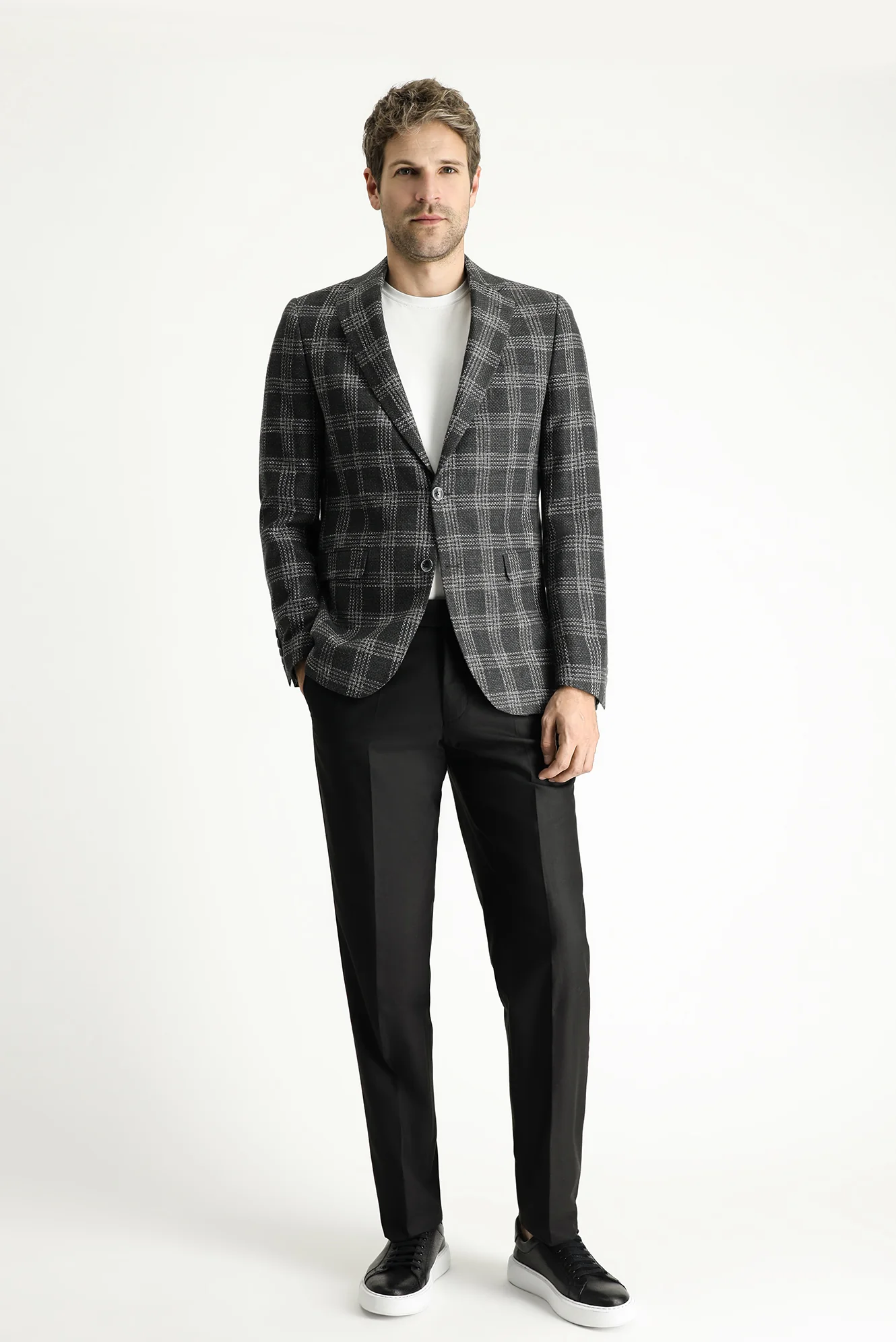 Koyu Antrasit 7 Drop Slim Fit Dar Kesim Yünlü Keten Ekose Ceket - Image 2