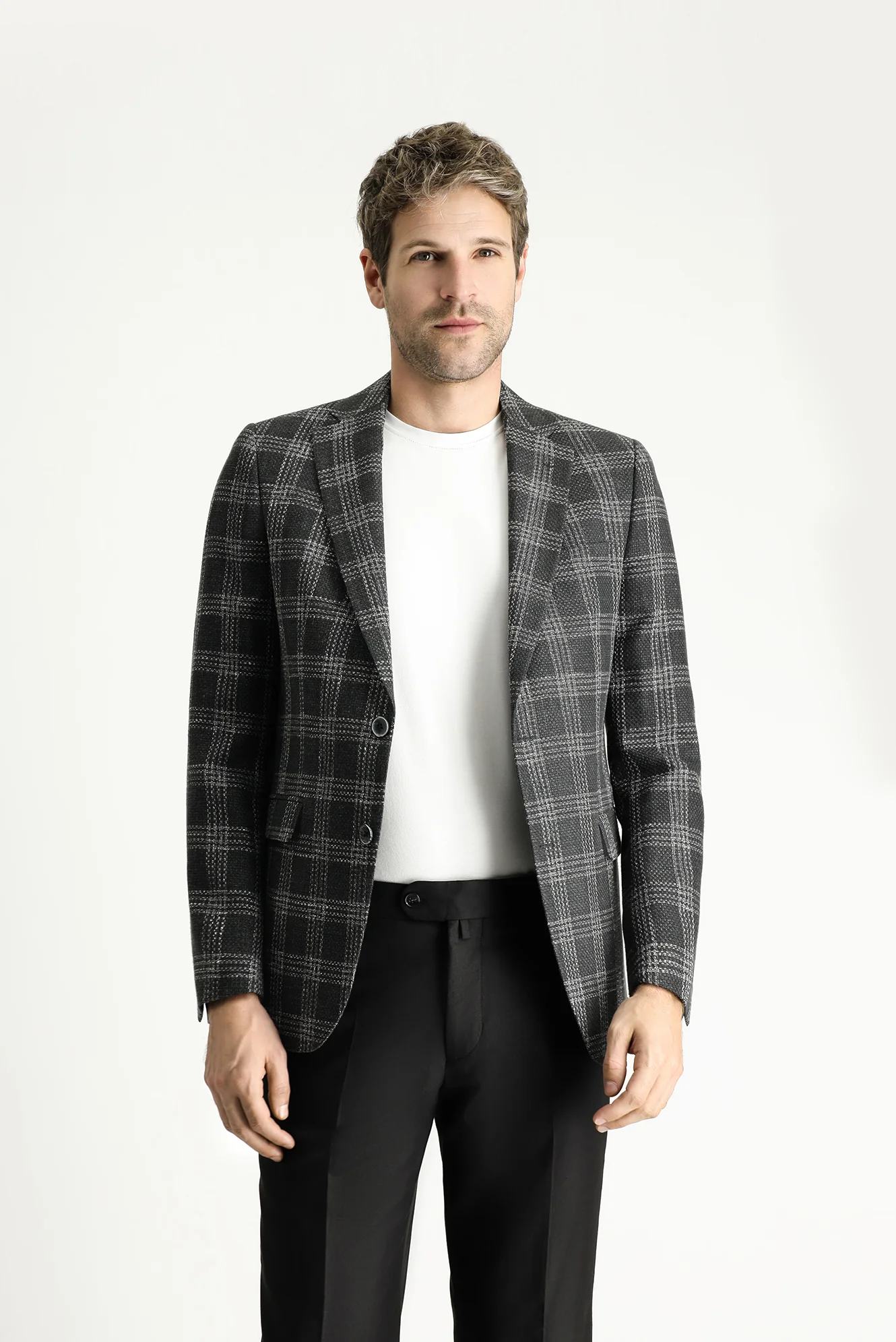 Koyu Antrasit 7 Drop Slim Fit Dar Kesim Yünlü Keten Ekose Ceket - Image 3