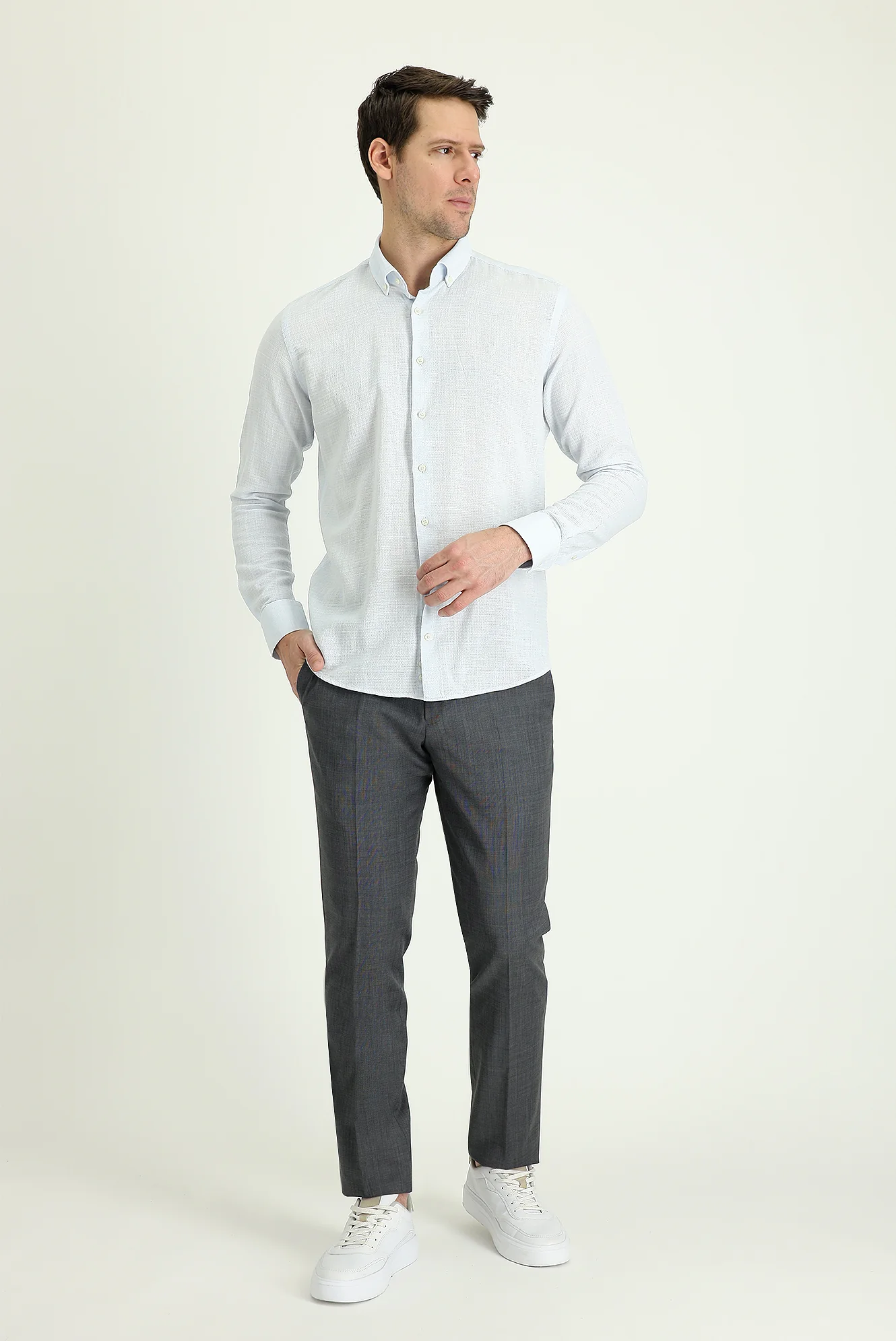 Koyu Antrasit 7 Drop Slim Fit Dar Kesim Yünlü Klasik Kumaş Pantolon