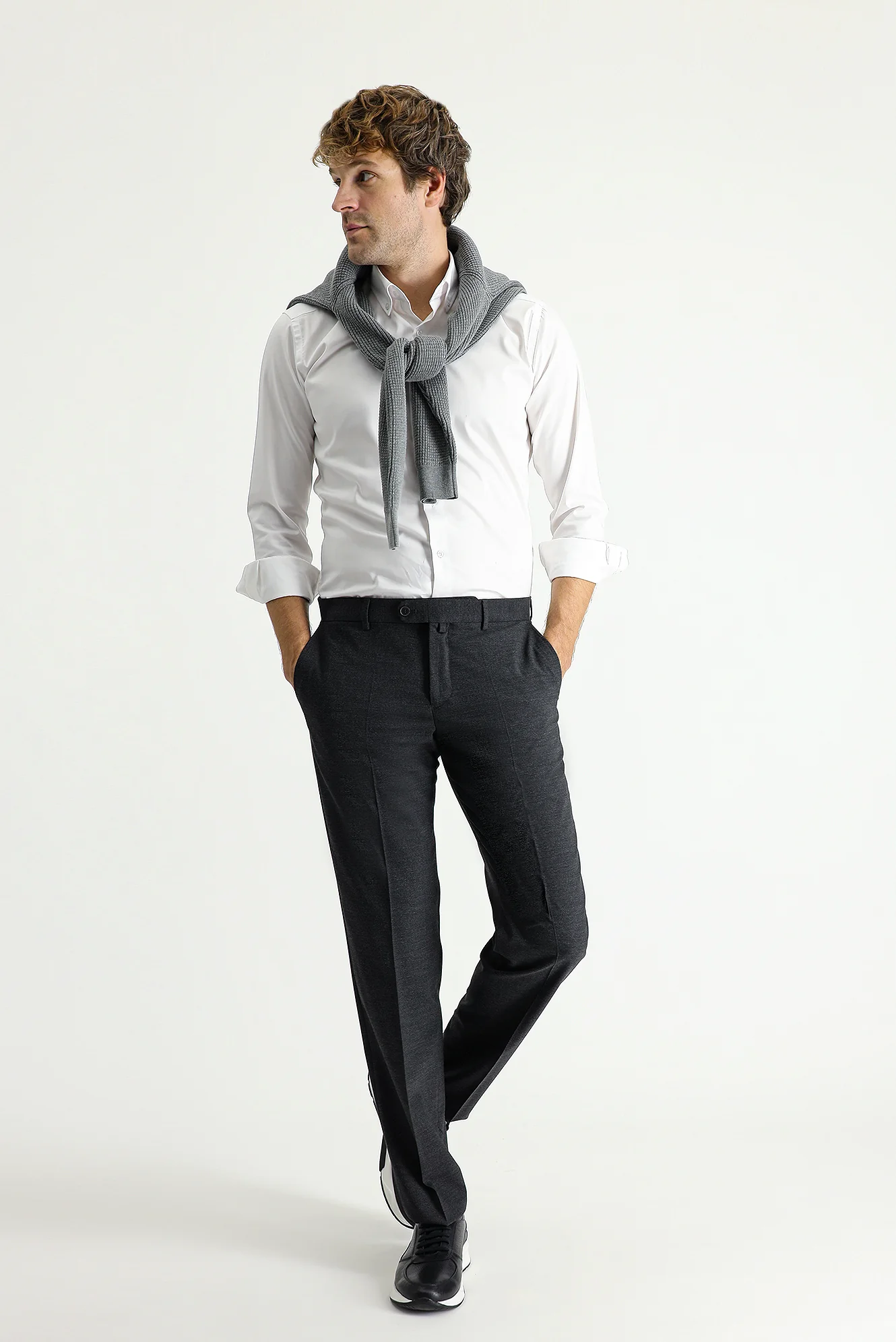 Koyu Antrasit 7 Drop Slim Fit Dar Kesim Yünlü Klasik Kumaş Pantolon - Image 3