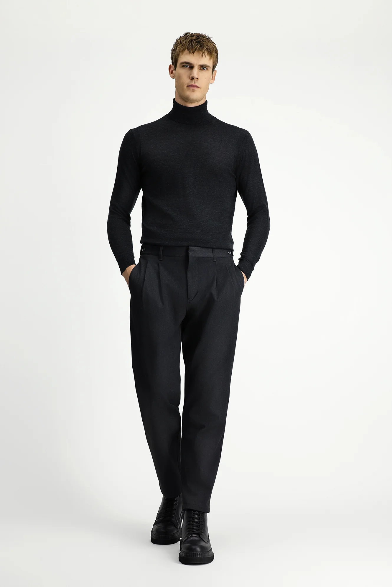Koyu Antrasit Straight Wide Relaxed Fit Pileli Pantolon