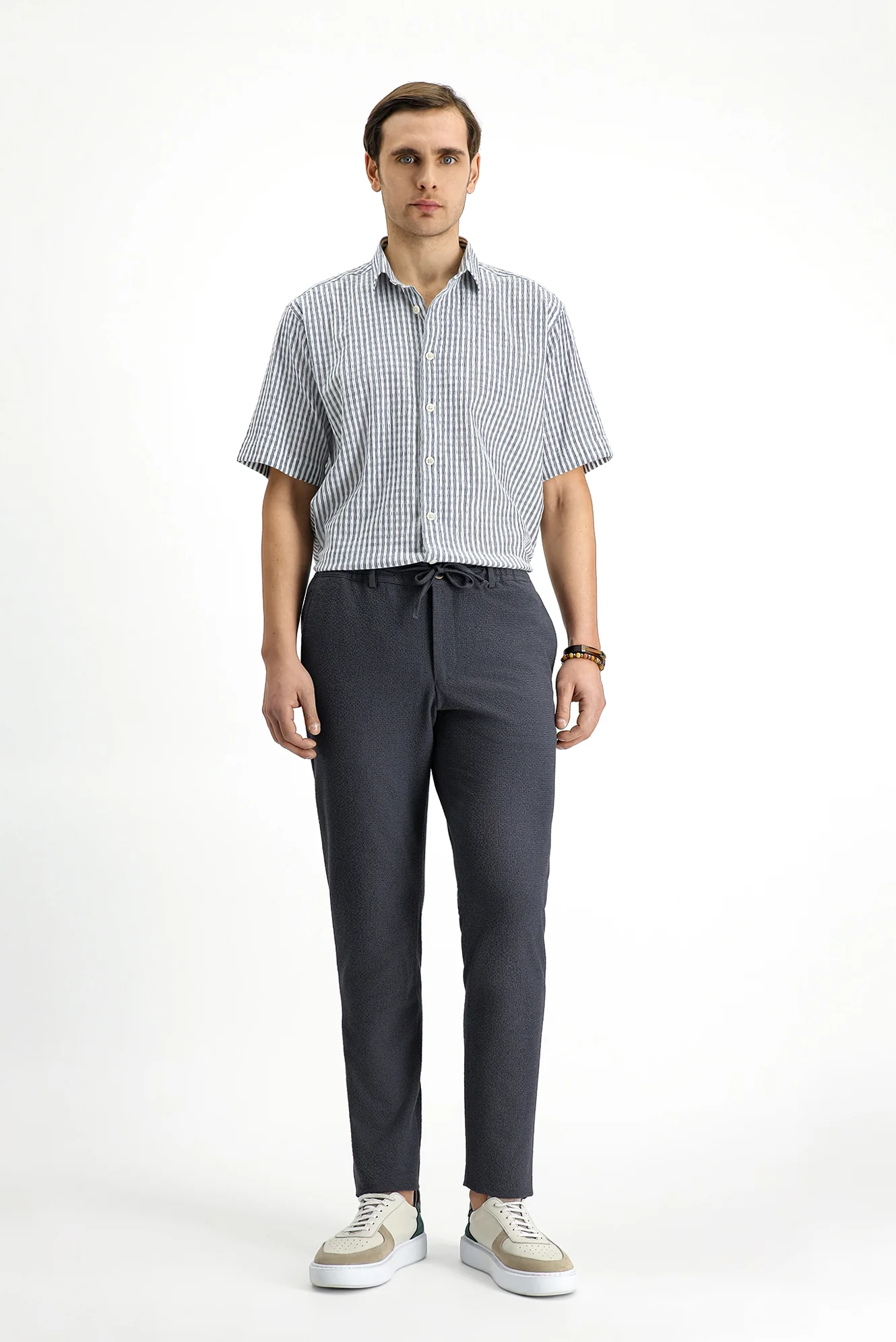 Koyu Antrasit 7 Drop Super Slim Fit Eksra Dar Kesim Beli Lastikli İpli Gofre Likralı Klasik Kumaş Pantolon - Image 2