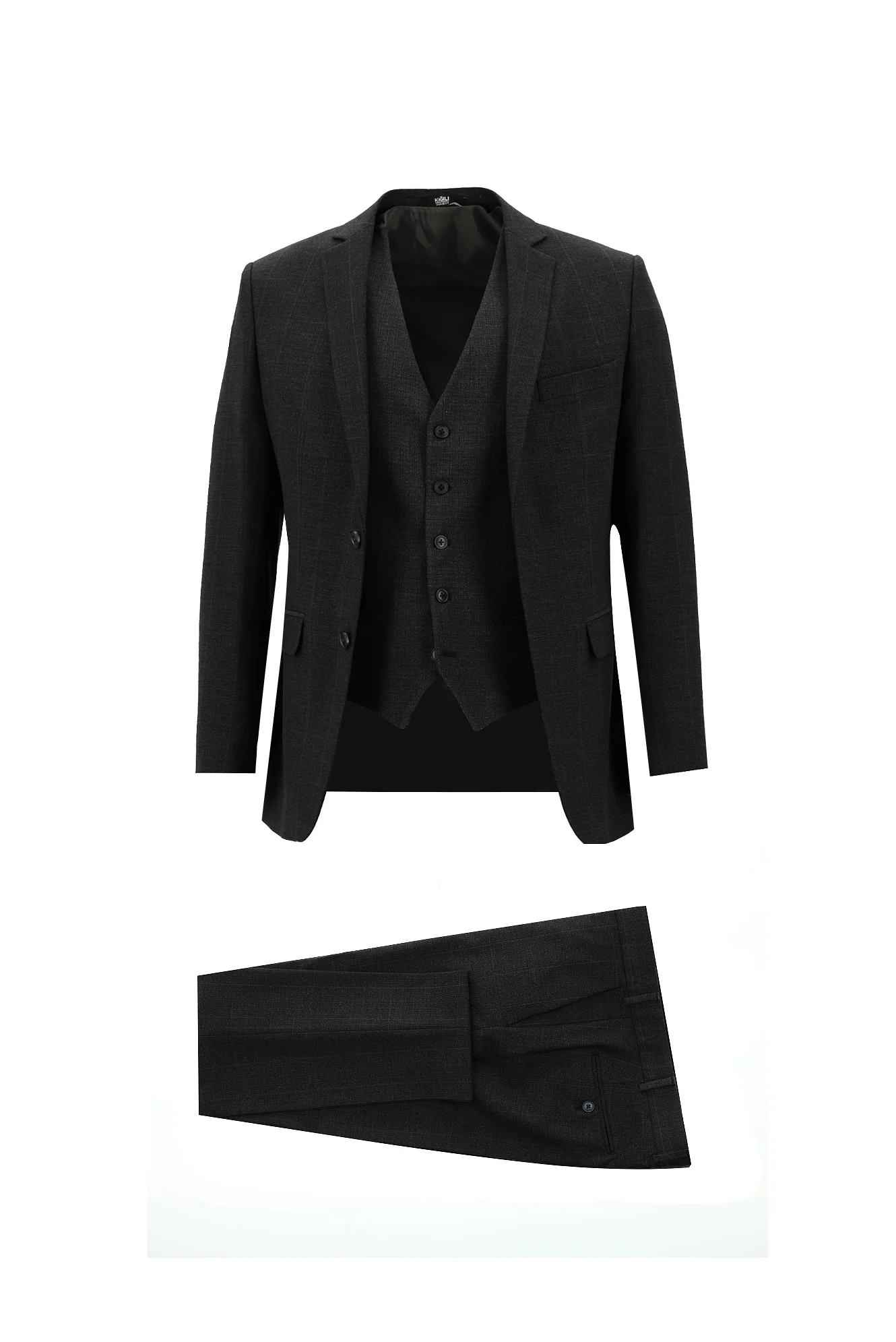 Koyu Antrasit 7 Drop Super Slim Fit Eksra Dar Kesim Fit Kareli Yelekli Takım Elbise