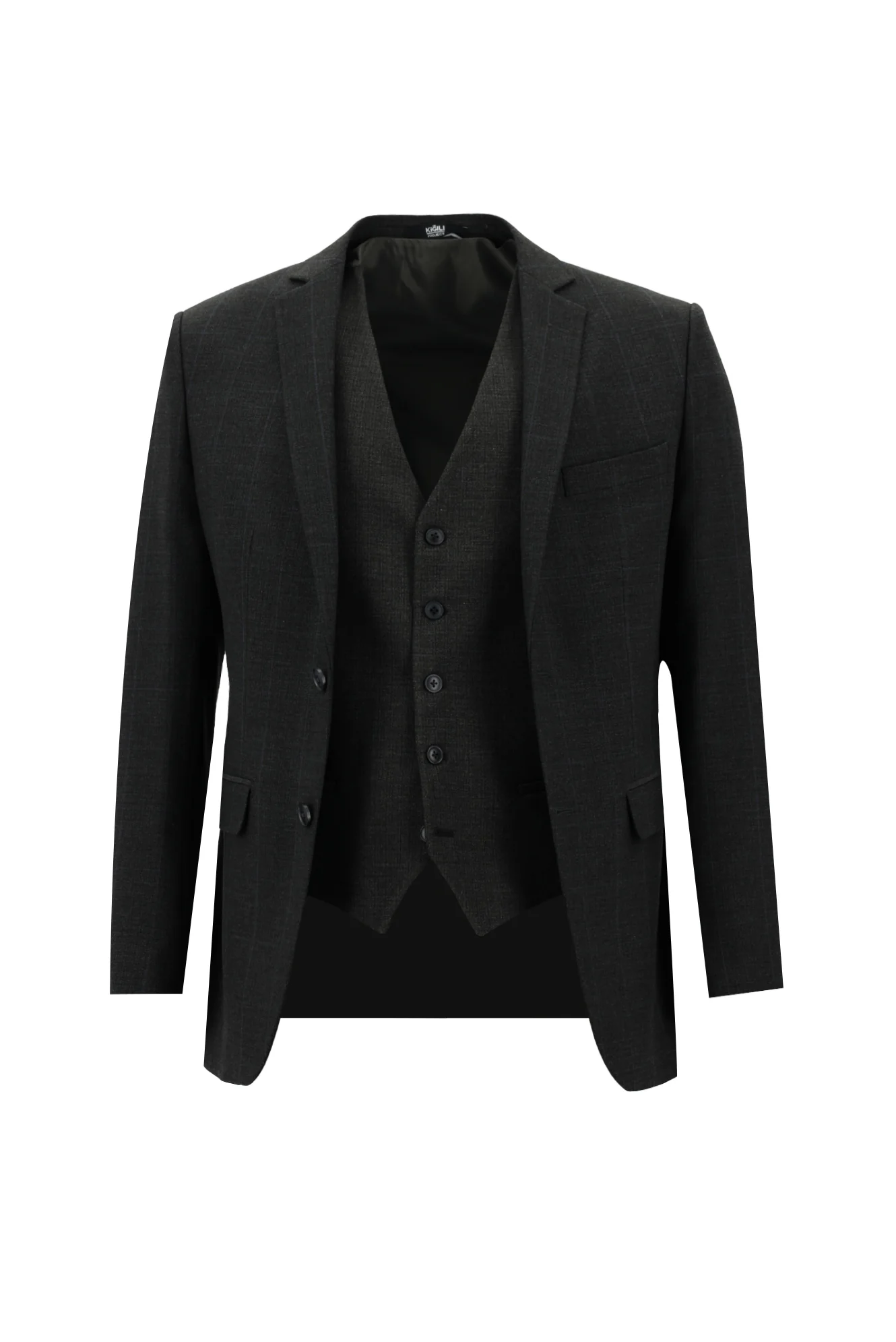 Koyu Antrasit 7 Drop Super Slim Fit Eksra Dar Kesim Fit Kareli Yelekli Takım Elbise - Image 2