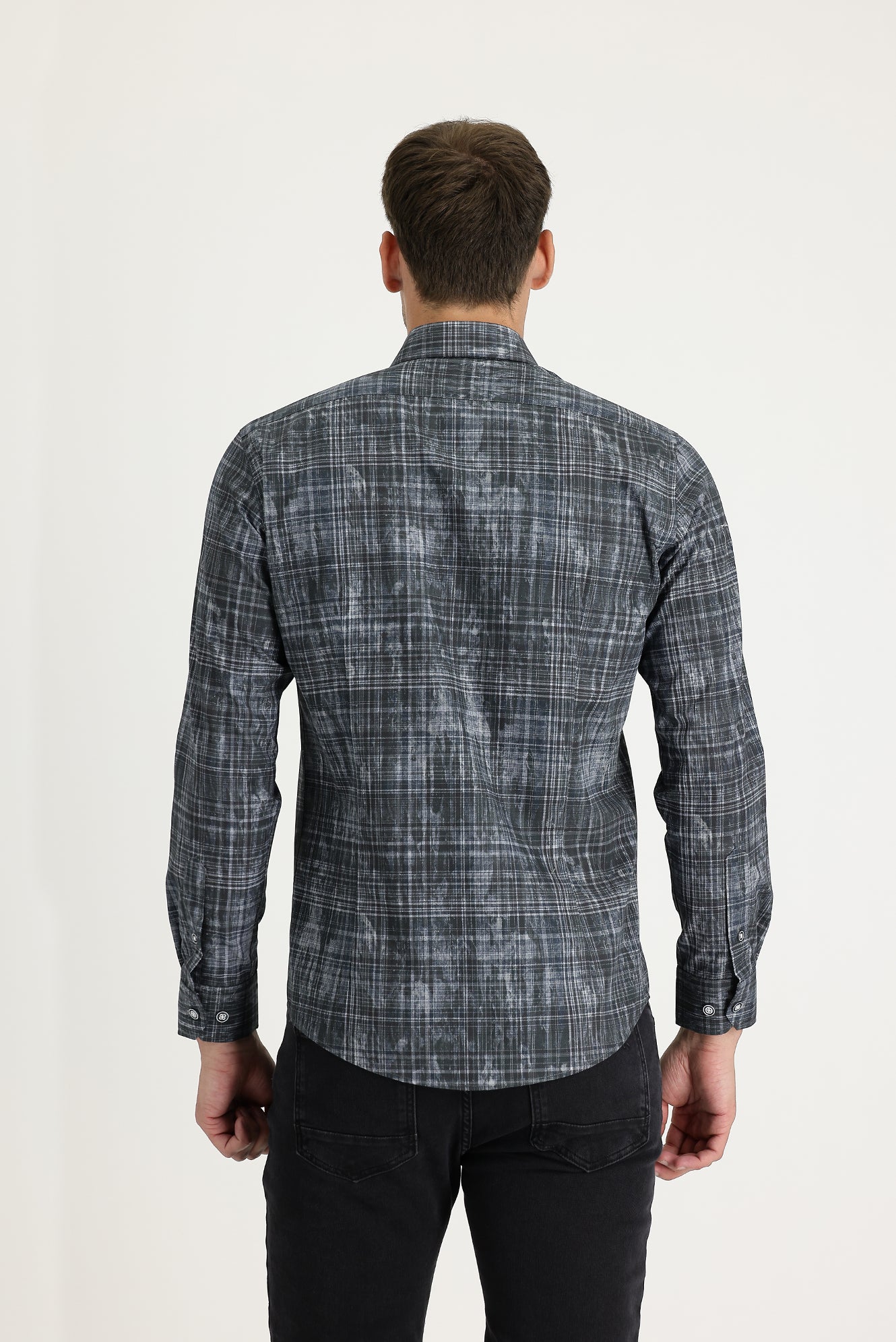 Koyu Antrasit Uzun Kol Slim Fit Dar Kesim Baskılı Pamuk Gömlek - Image 2