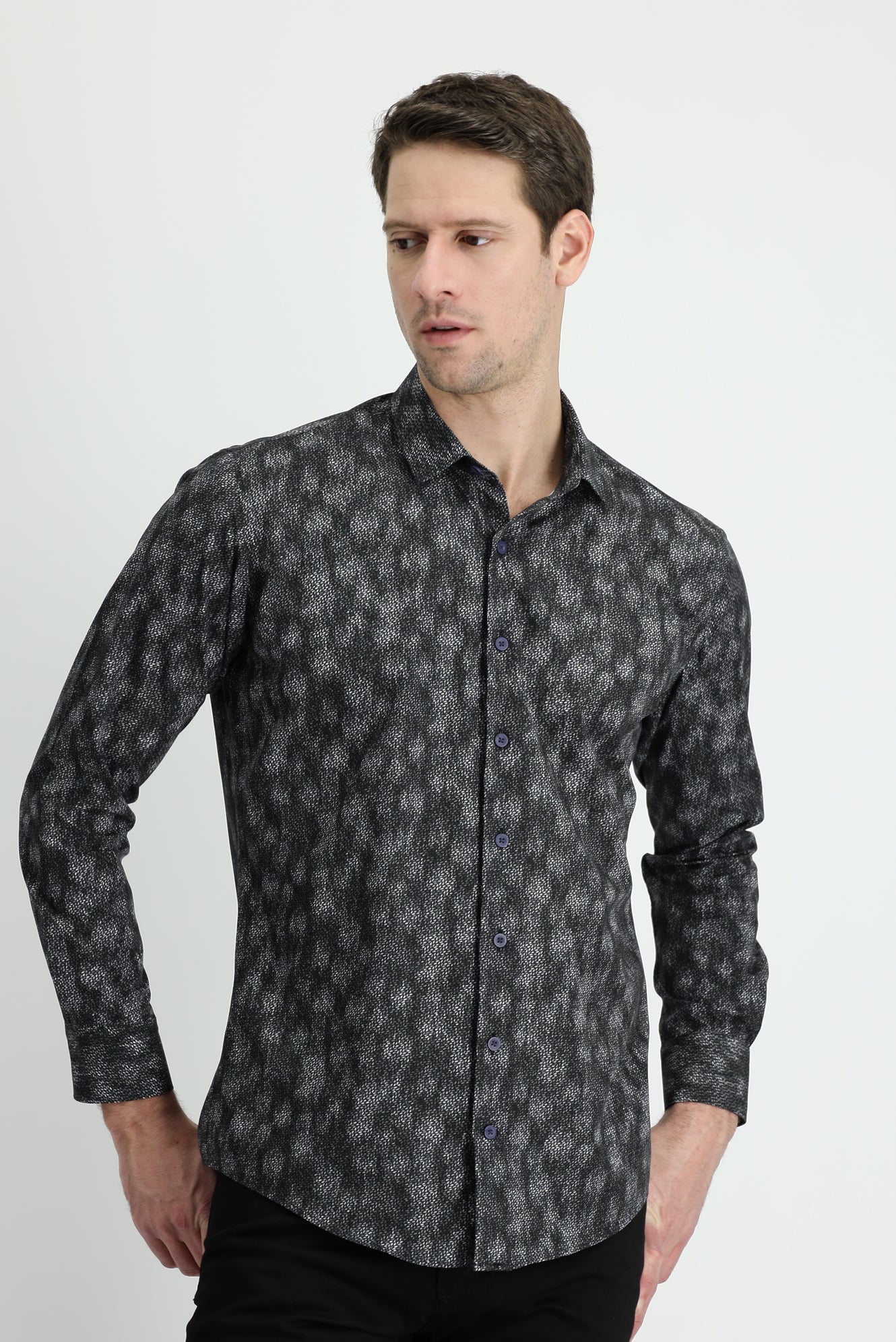 Koyu Antrasit Uzun Kol Slim Fit Dar Kesim Baskılı Pamuk Gömlek - Image 2