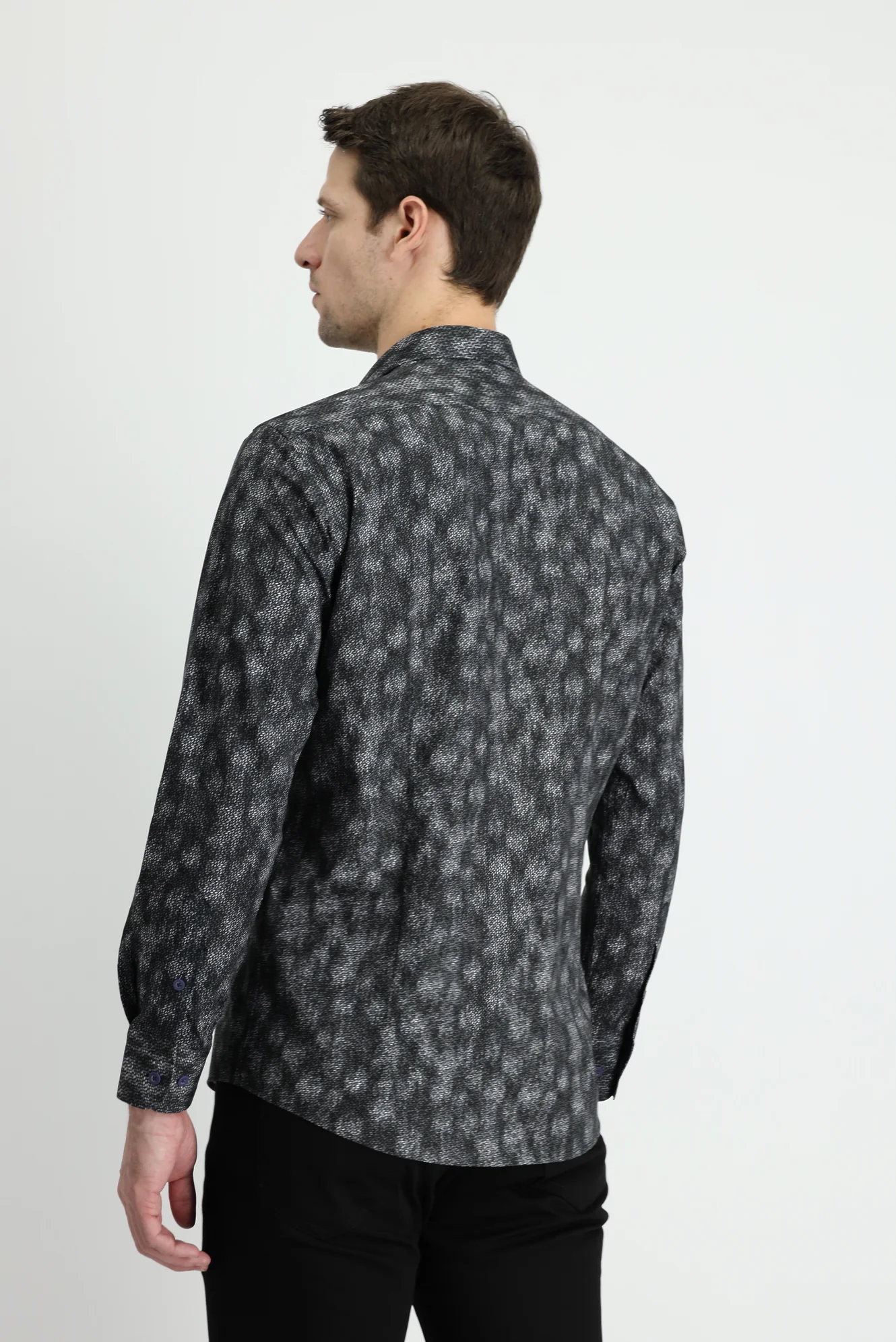Koyu Antrasit Uzun Kol Slim Fit Dar Kesim Baskılı Pamuk Gömlek - Image 3