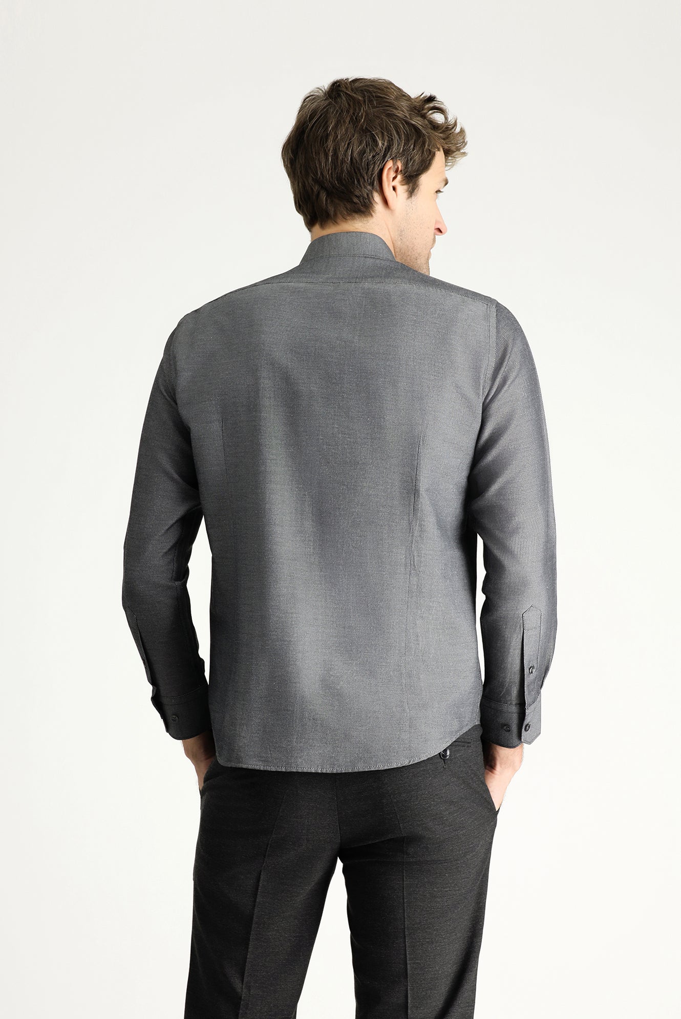 Koyu Antrasit Uzun Kol Slim Fit Dar Kesim Klasik Desenli Pamuklu Kolay Ütülenebilir Gömlek - Image 4