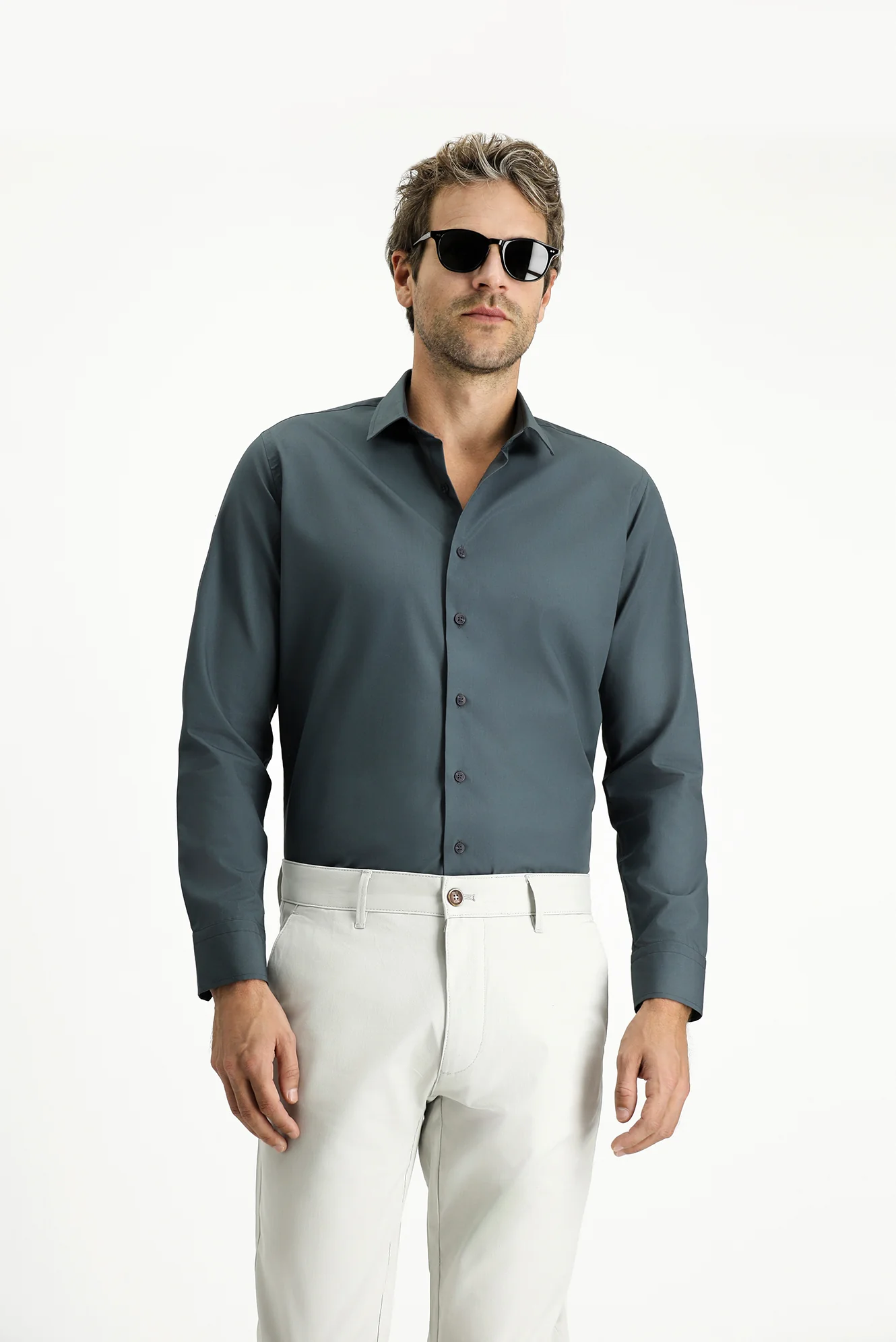 Koyu Antrasit Uzun Kol Slim Fit Dar Kesim Pamuk Klasik Gömlek - Image 3