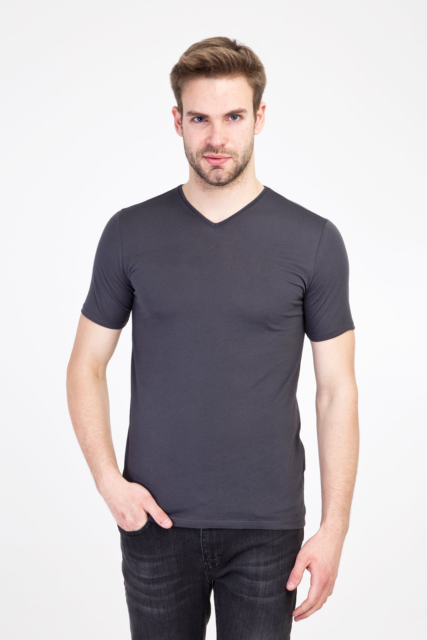 Koyu Antrasit V Yaka Slim Fit Dar Kesim Pamuk Tişört