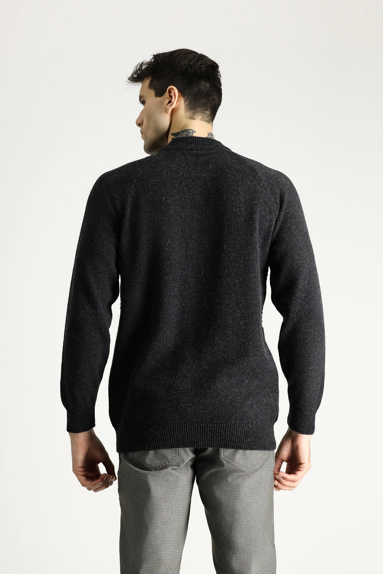 Koyu Antrasit Yarım Balıkçı Yaka Slim Fit Dar Kesim Desenli Yünlü Triko Kazak - Image 4