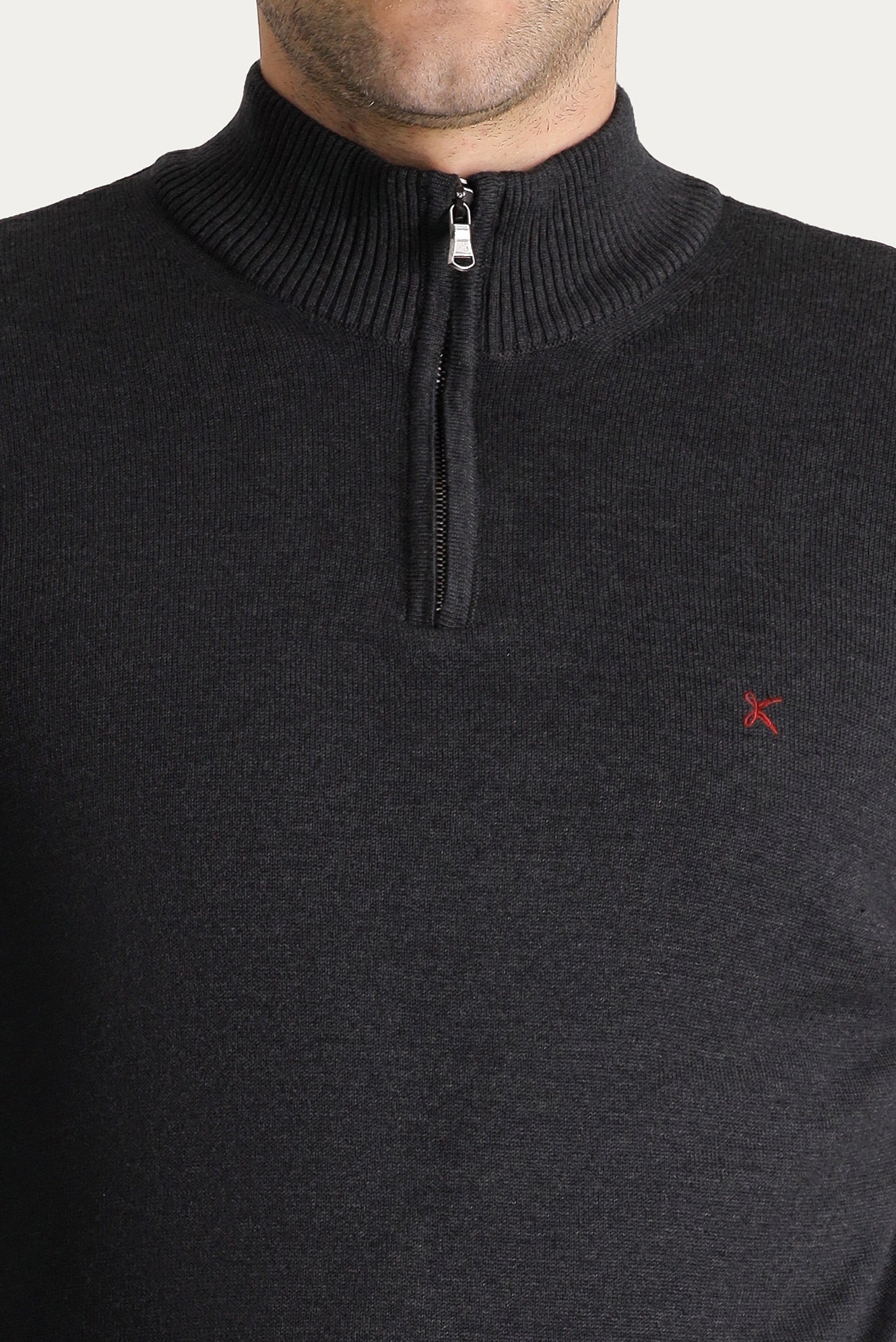 Koyu Antrasit Yarım Balıkçı Yaka Slim Fit Dar Kesim Fermuarlı Nakışlı Pamuklu Triko Kazak - Image 5