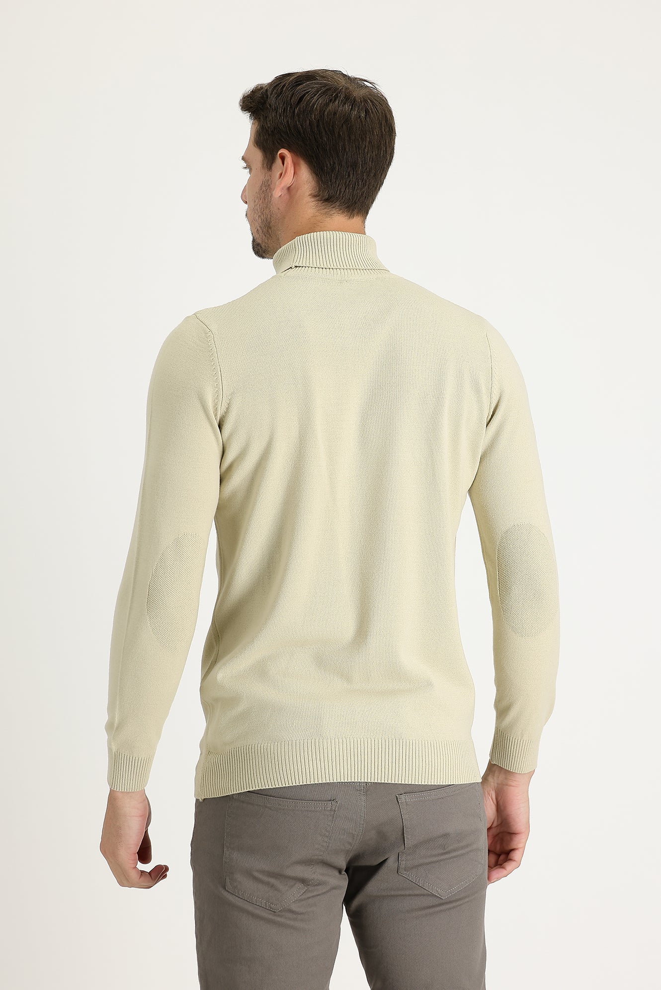 Koyu Bej Balıkçı Yaka Slim Fit Dar Kesim Desenli Triko Kazak - Image 3