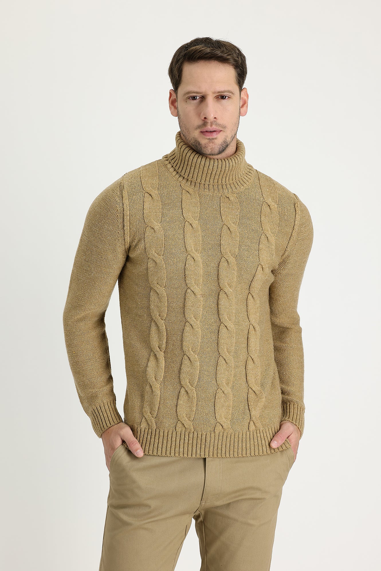 Koyu Bej Balıkçı Yaka Slim Fit Dar Kesim Yünlü Desenli Triko Kazak - Image 2