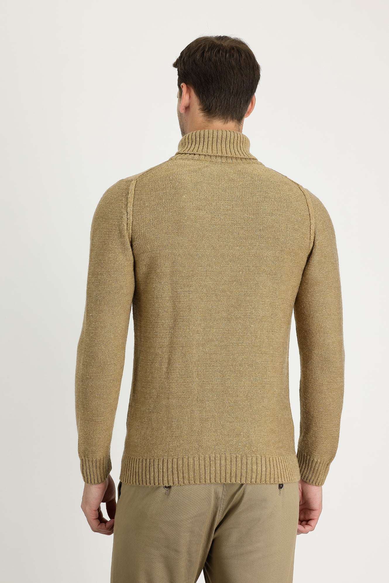Koyu Bej Balıkçı Yaka Slim Fit Dar Kesim Yünlü Desenli Triko Kazak - Image 3