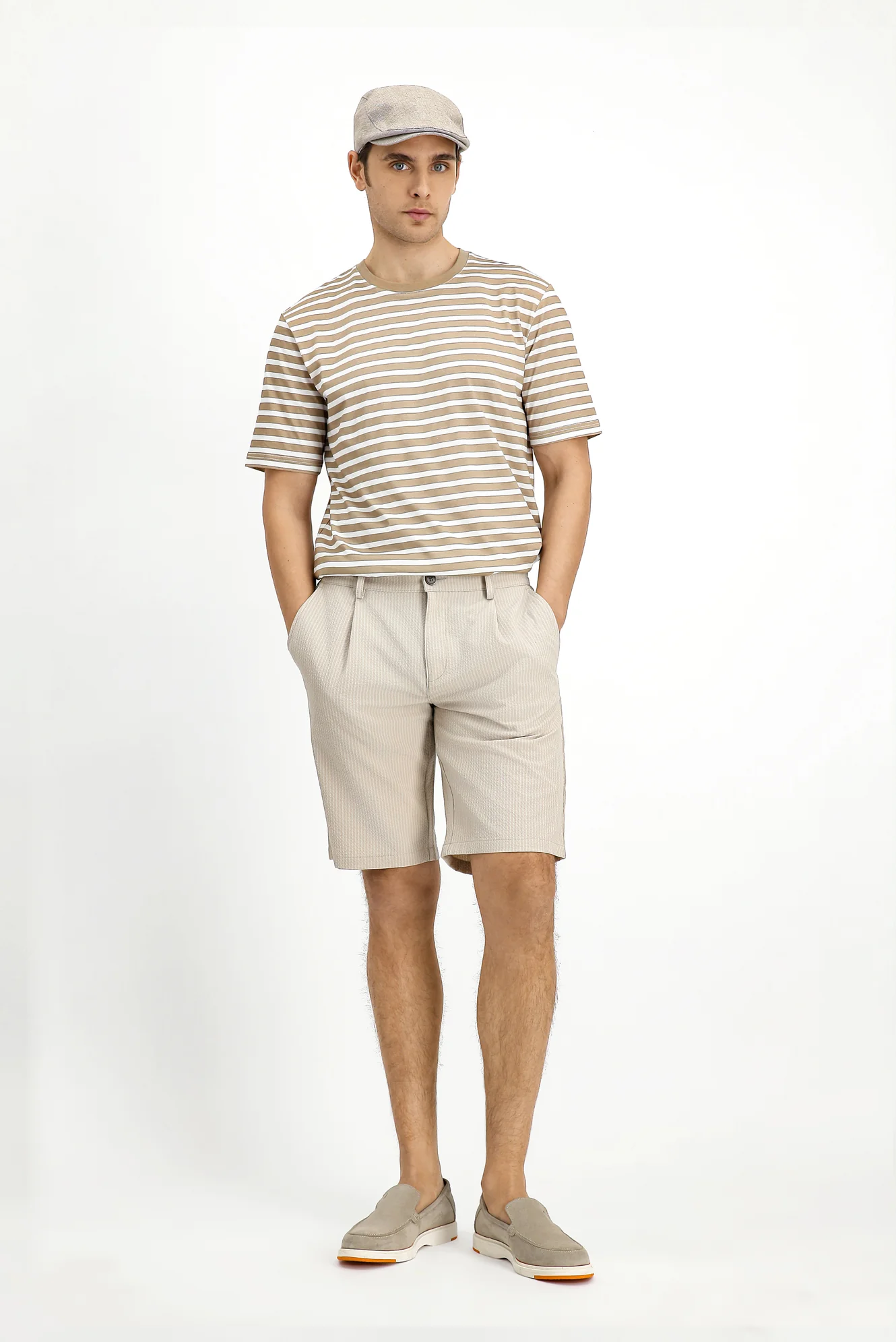 Koyu Bej Bisiklet Yaka Slim Fit Dar Kesim Pamuk Çizgili Tişört - Image 3