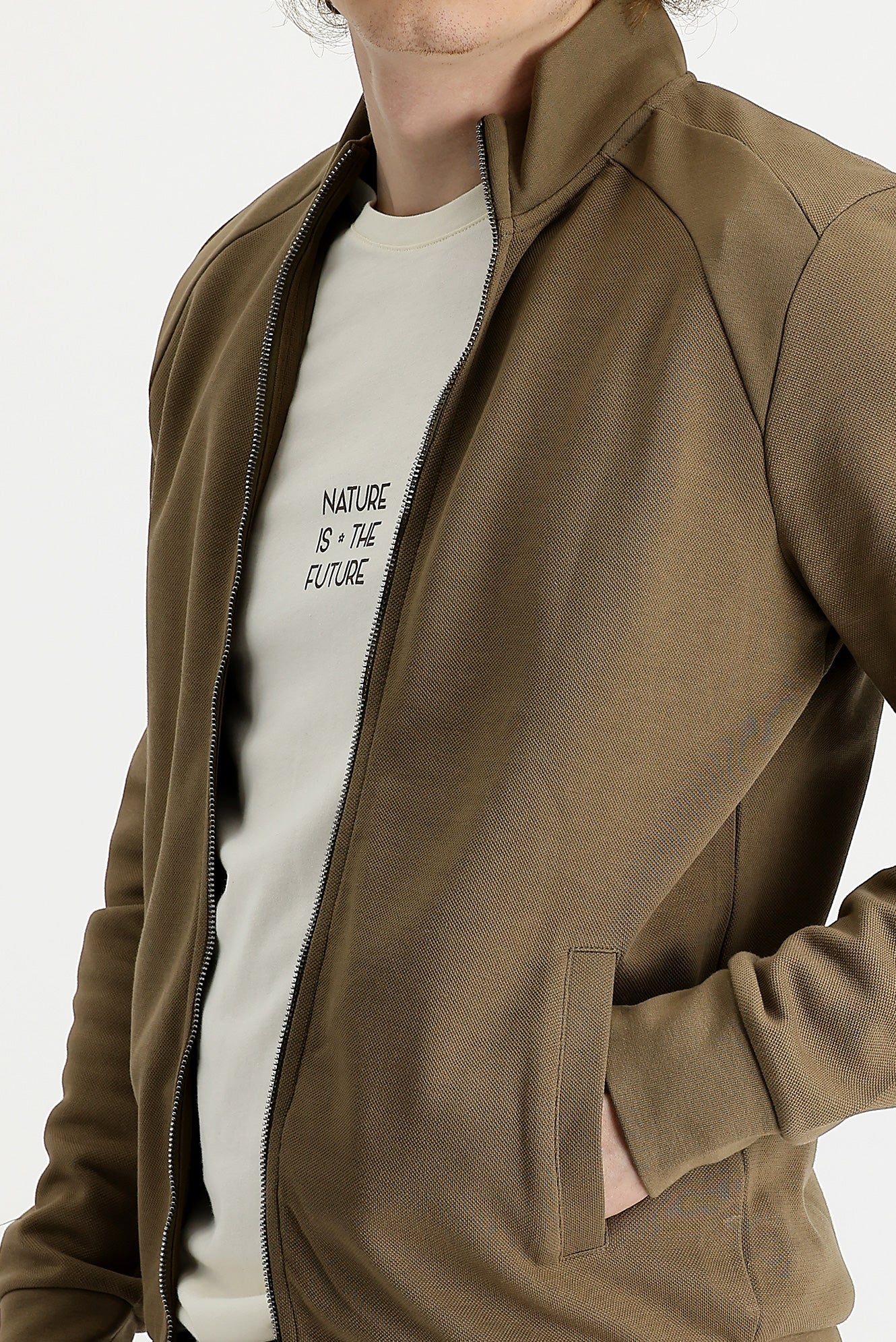 Koyu Bej Dik Yaka Slim Fit Dar Kesim Fermuarlı Sweatshirt - Image 4