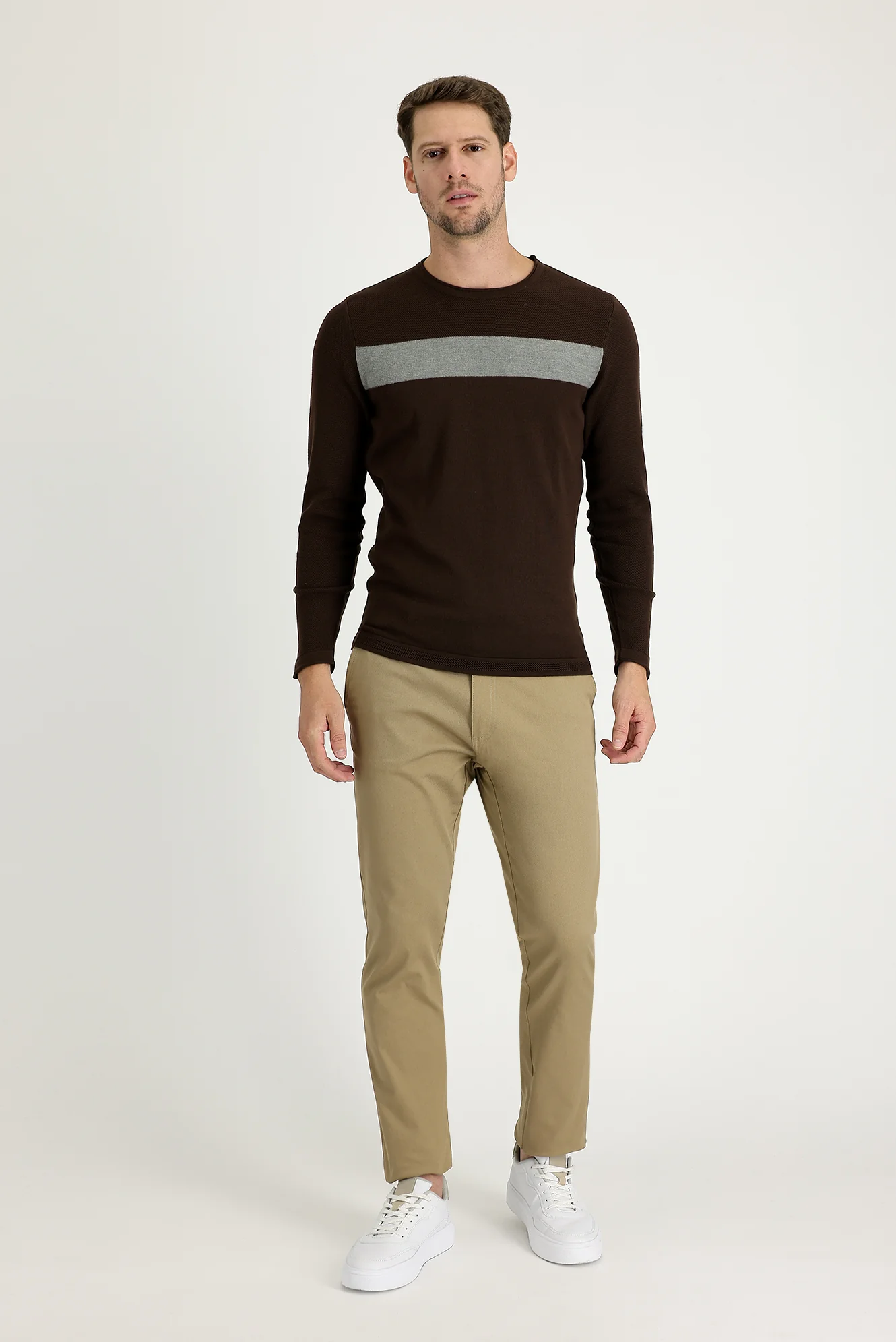 Koyu Bej Slim Fit Dar Kesim  Desenli Spor Pantolon