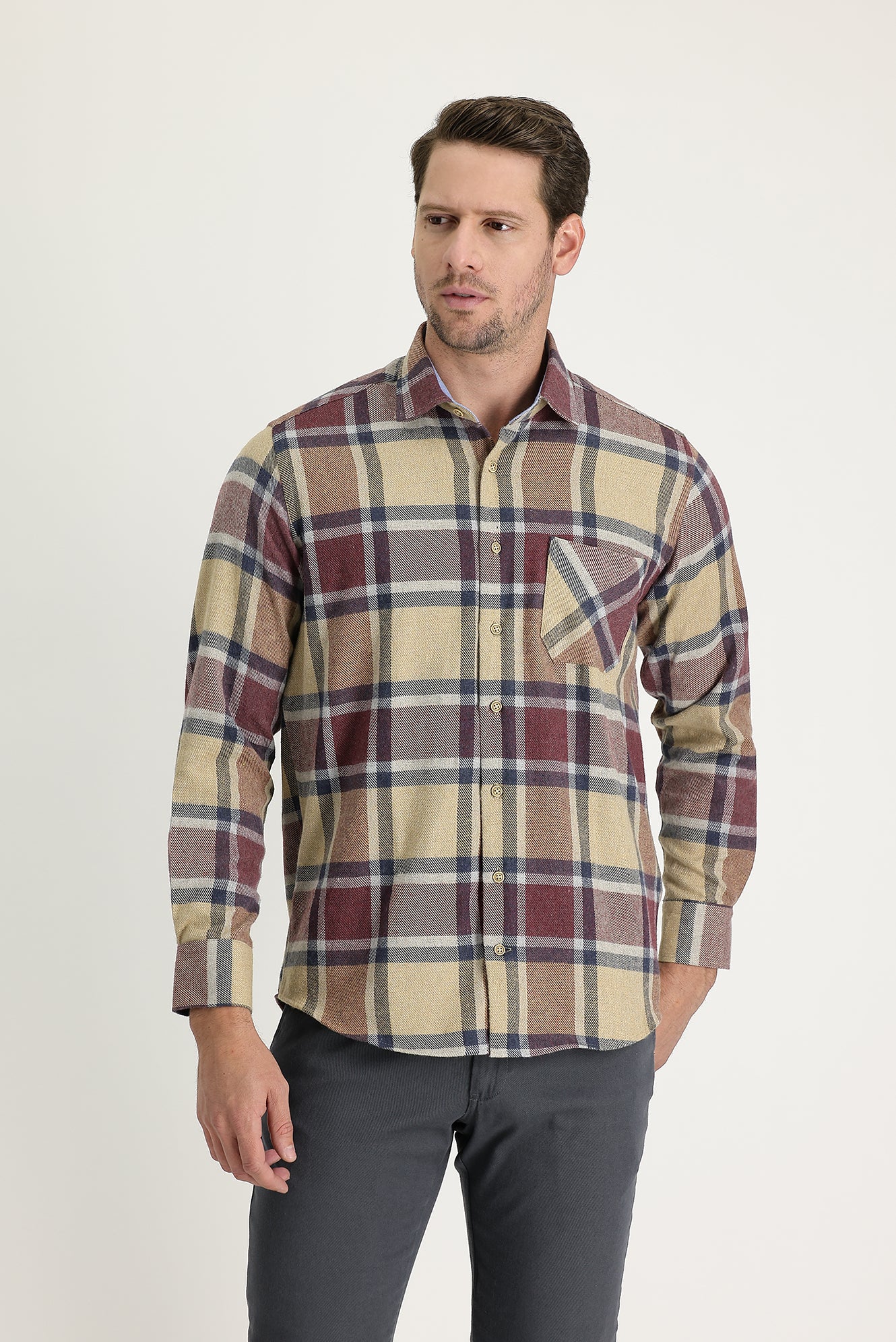 Koyu Bej Regular Fit Ekose Shacket Pamuklu Gömlek - Image 2
