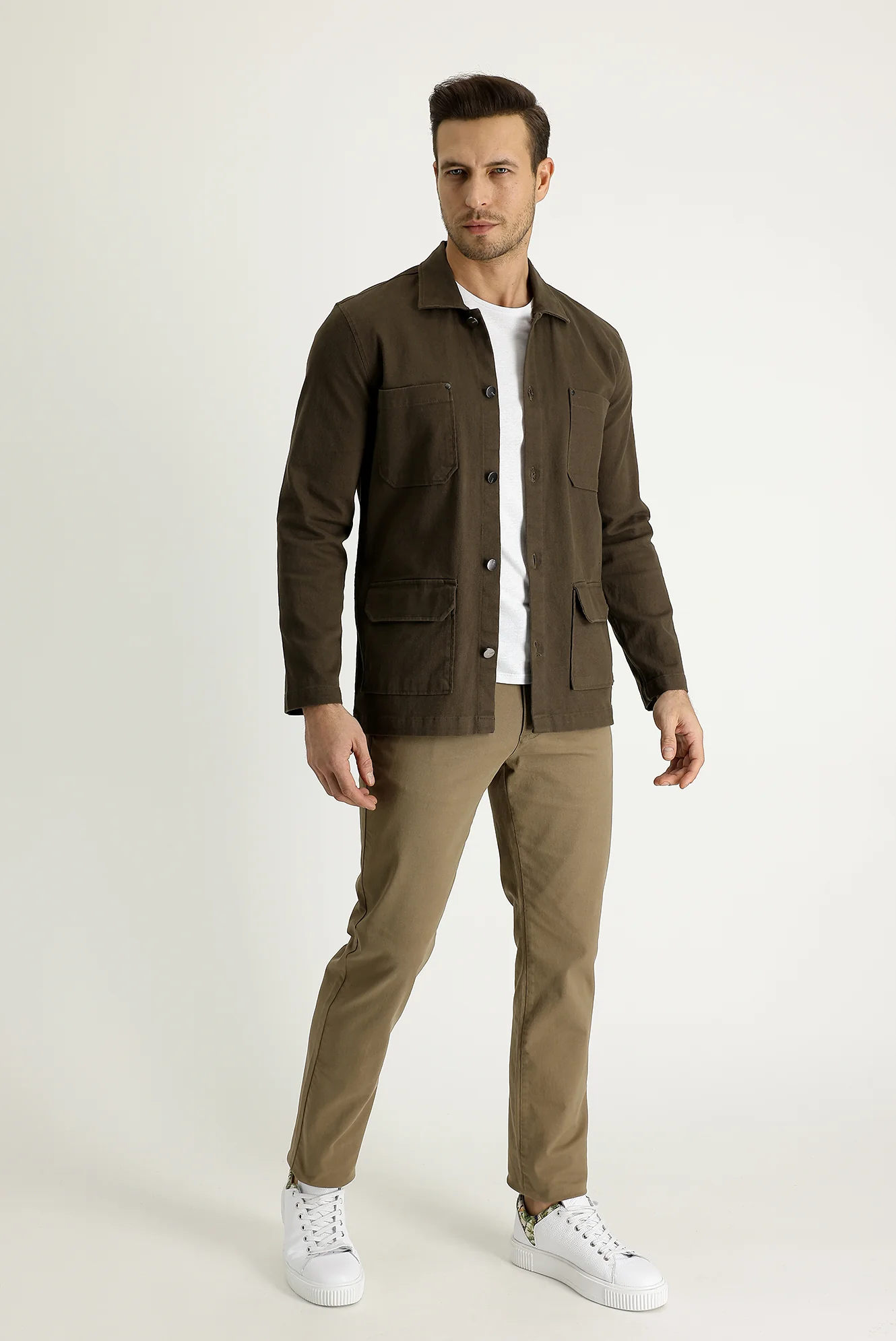 Koyu Bej Regular Fit Standart Kesim Likralı Kanvas / Chino Pantolon