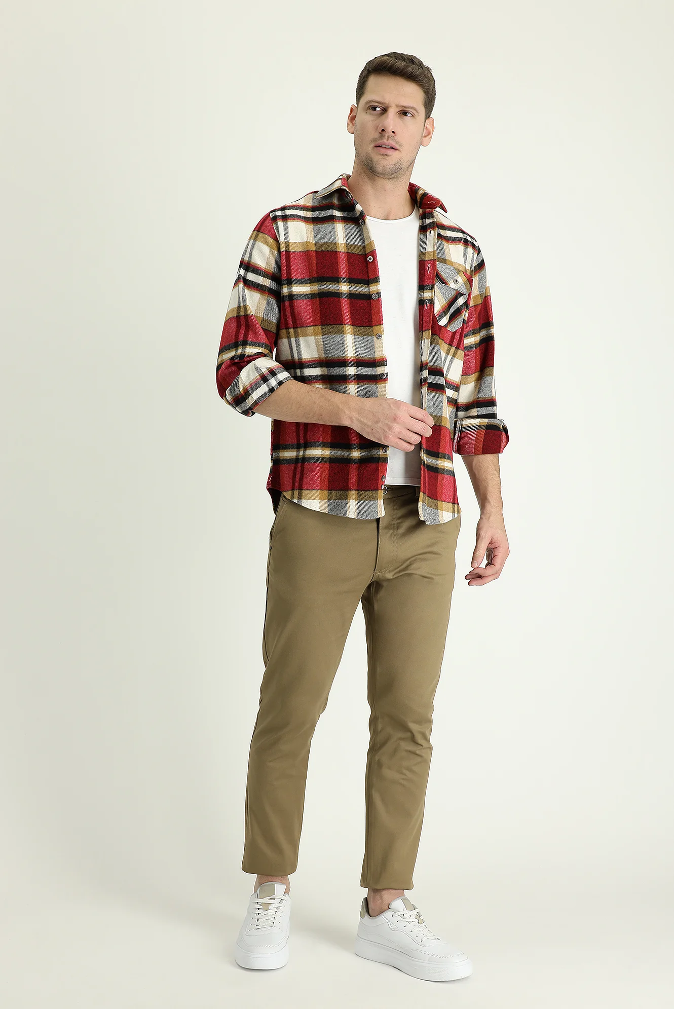 Koyu Bej Regular Fit Standart Kesim Likralı Kanvas / Chino Pantolon