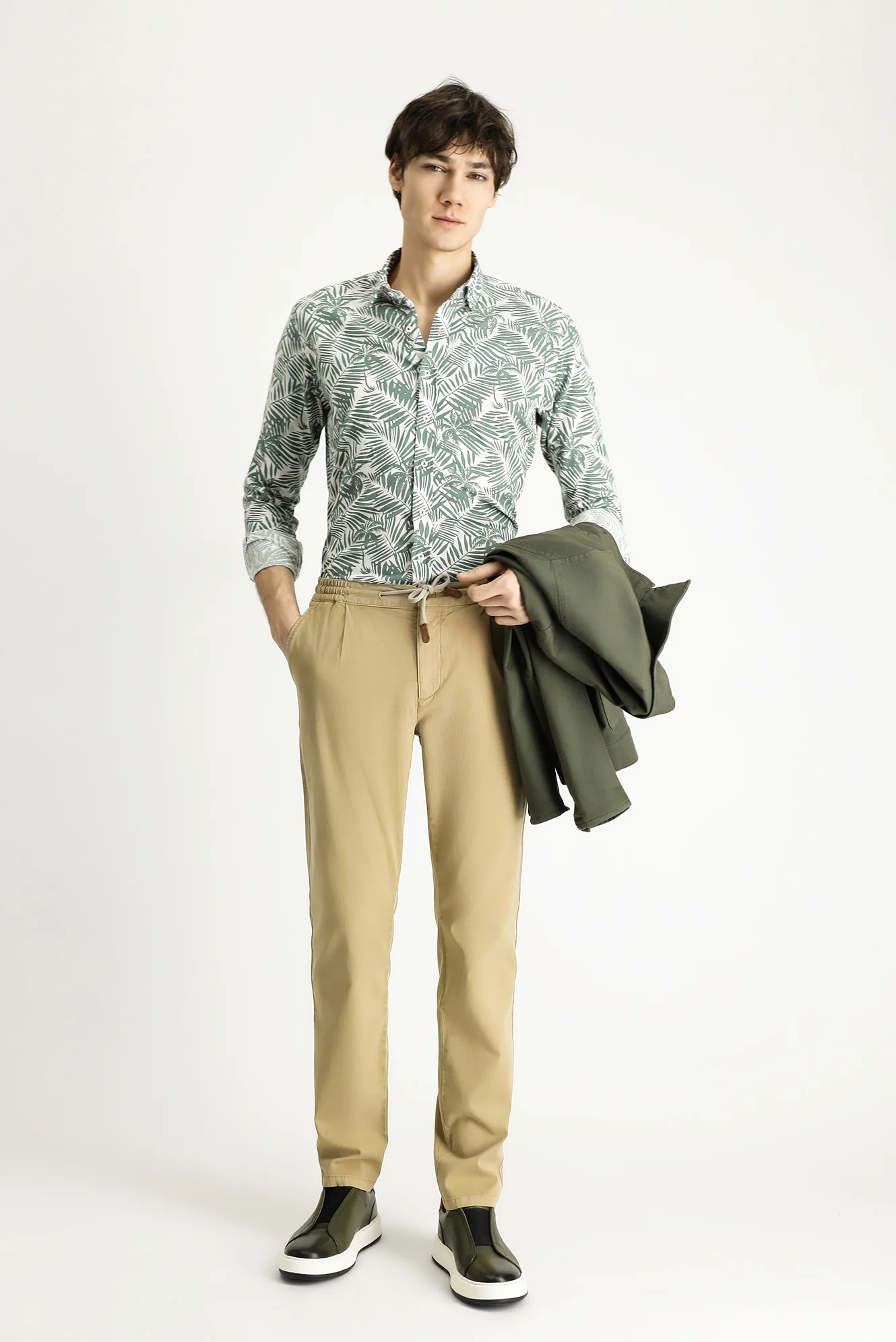 Koyu Bej Slim Fit Dar Kesim Beli Lastikli İpli Likralı Jogger Pantolon - Image 2