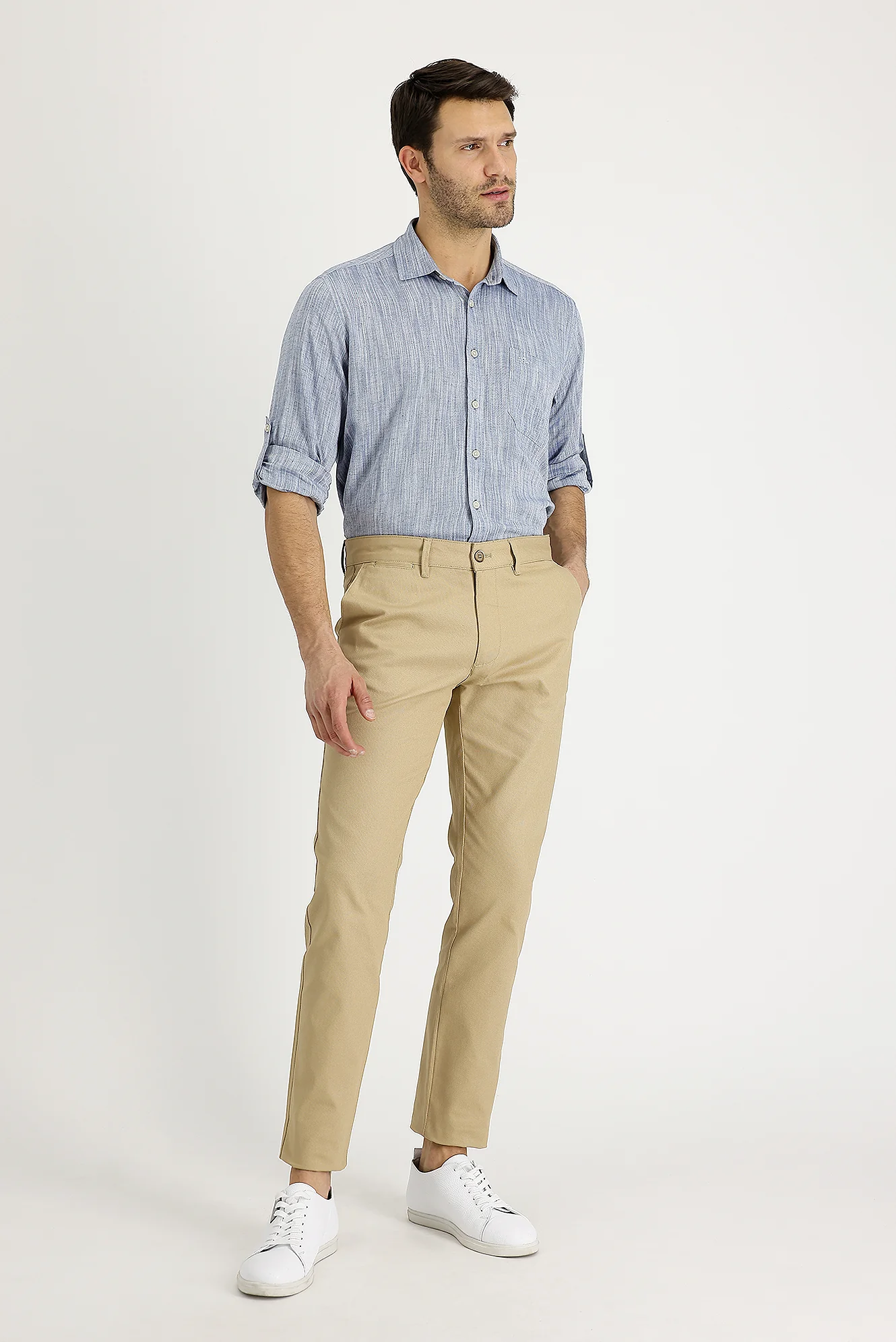 Koyu Bej Slim Fit Dar Kesim Likralı Kanvas / Chino Pantolon