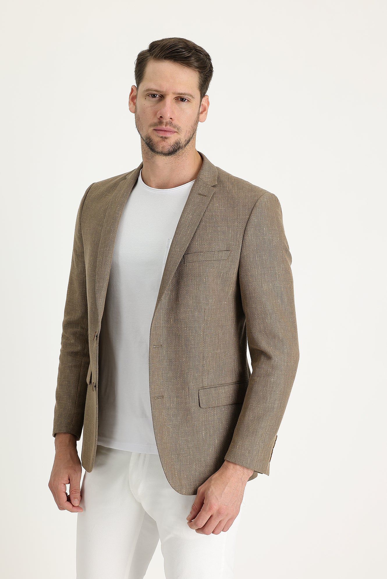 Koyu Bej 7 Drop Super Slim Fit Eksra Dar Kesim Klasik Desenli Yünlü Keten Karışımlı Ceket