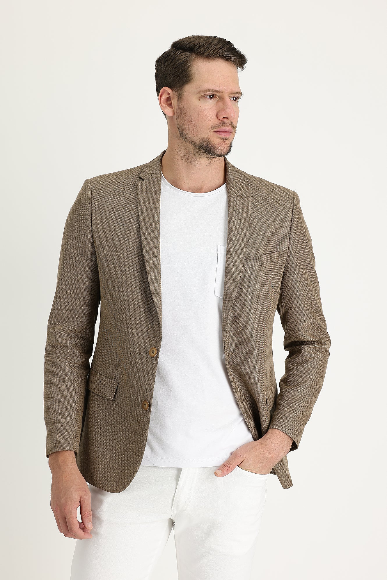 Koyu Bej 7 Drop Super Slim Fit Eksra Dar Kesim Klasik Desenli Yünlü Keten Karışımlı Ceket - Image 2