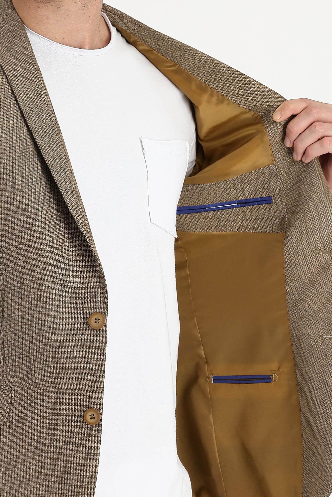 Koyu Bej 7 Drop Super Slim Fit Eksra Dar Kesim Klasik Desenli Yünlü Keten Karışımlı Ceket - Image 3