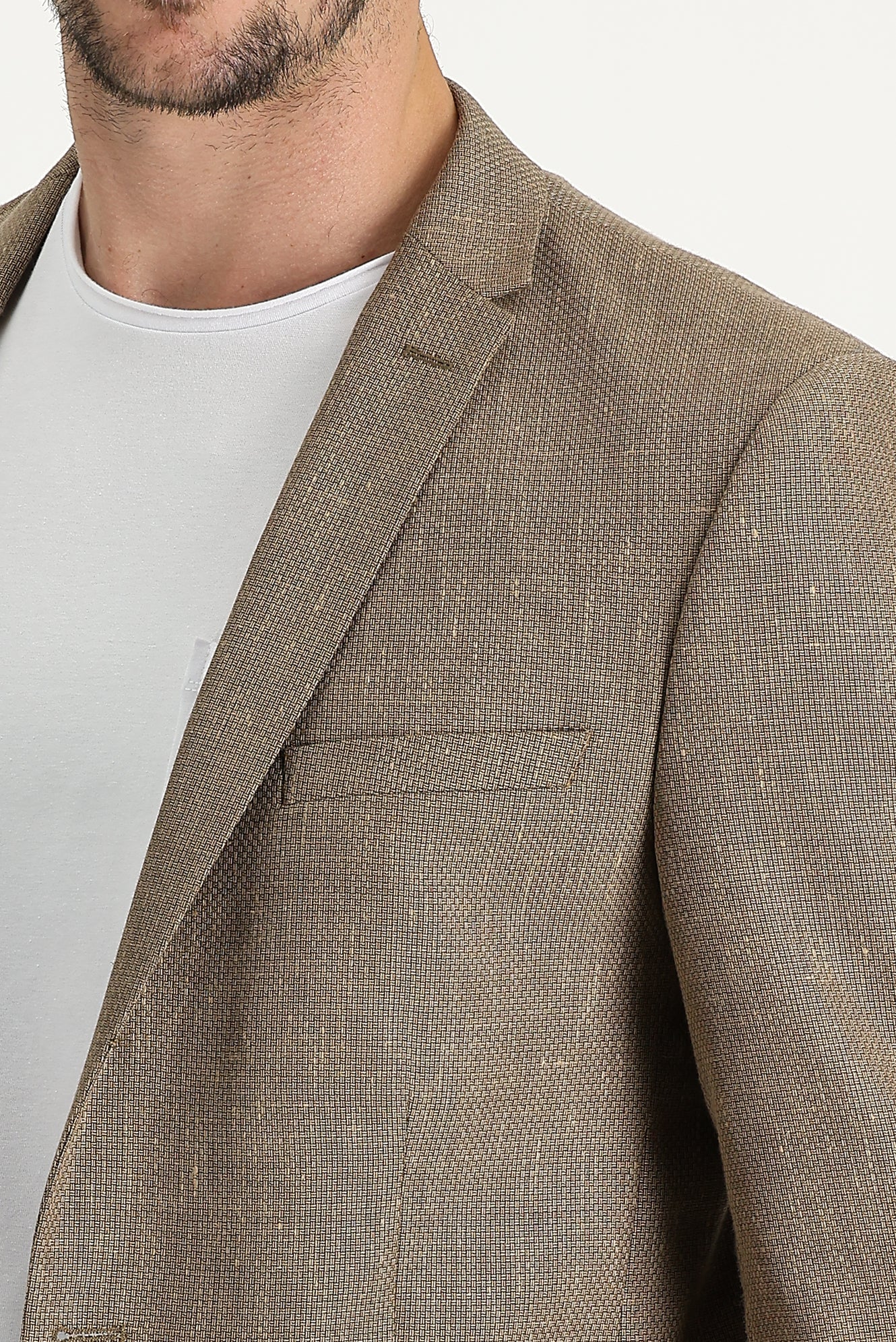 Koyu Bej 7 Drop Super Slim Fit Eksra Dar Kesim Klasik Desenli Yünlü Keten Karışımlı Ceket - Image 4