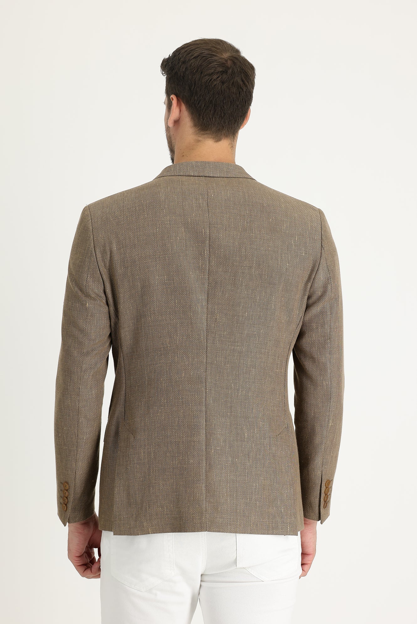Koyu Bej 7 Drop Super Slim Fit Eksra Dar Kesim Klasik Desenli Yünlü Keten Karışımlı Ceket - Image 5