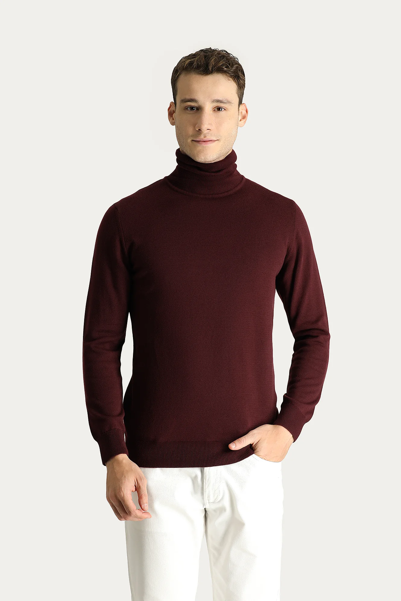 Koyu Bordo Balıkçı Yaka Regular Fit Pamuklu Triko Kazak - Image 2
