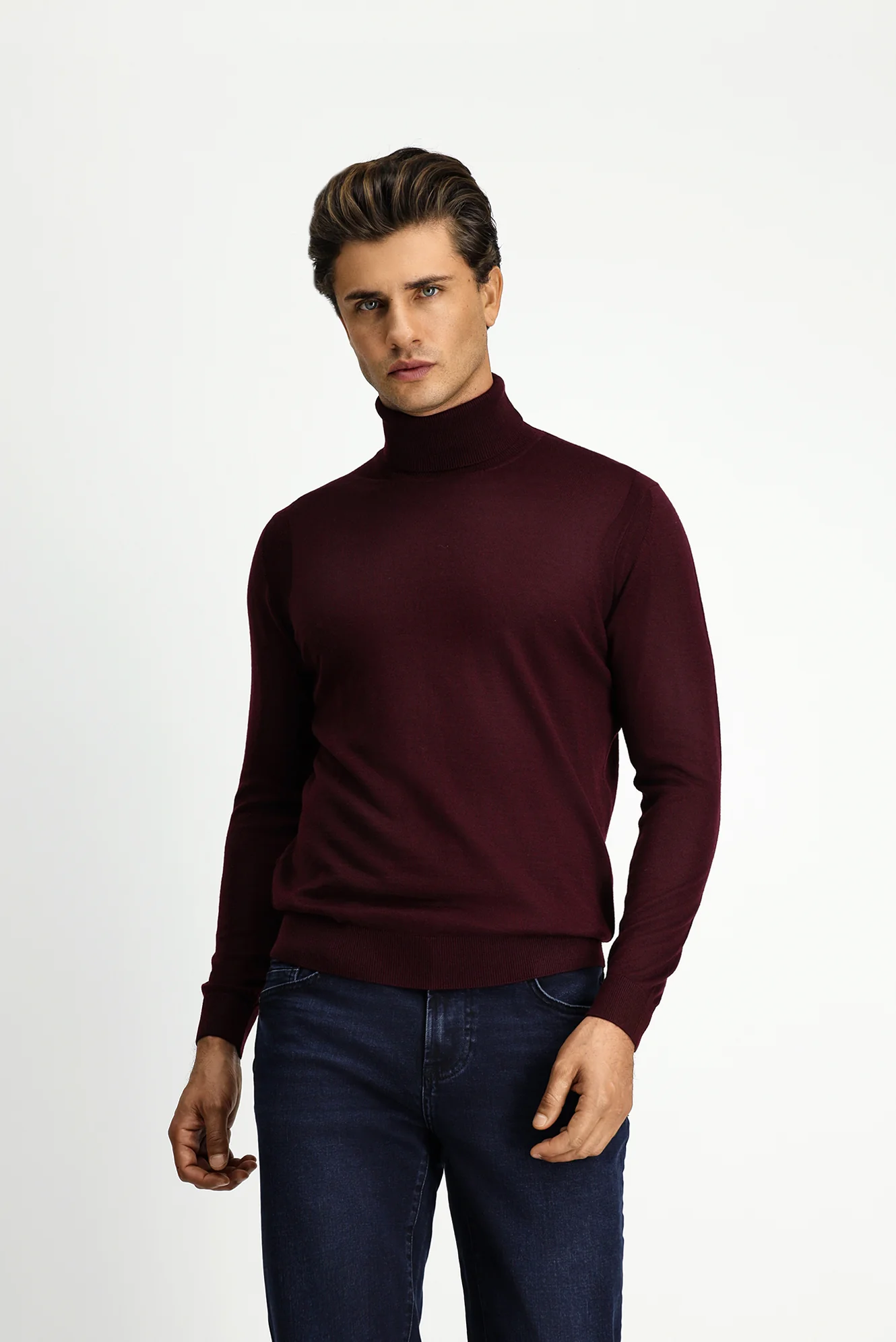 Koyu Bordo Balıkçı Yaka Regular Fit Yünlü Triko Kazak