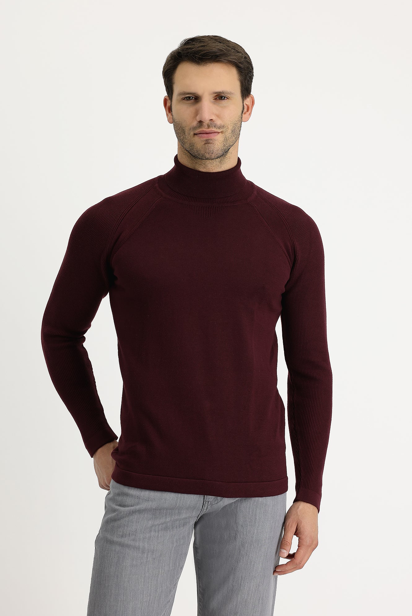 Koyu Bordo Balıkçı Yaka Slim Fit Dar Kesim Desenli Pamuklu Triko Kazak