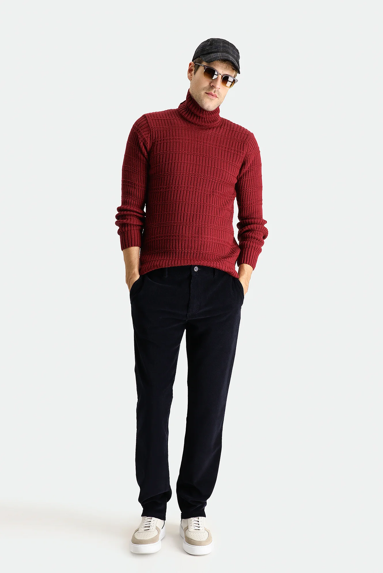 Koyu Bordo Balıkçı Yaka Slim Fit Dar Kesim Desenli Triko Kazak - Image 2