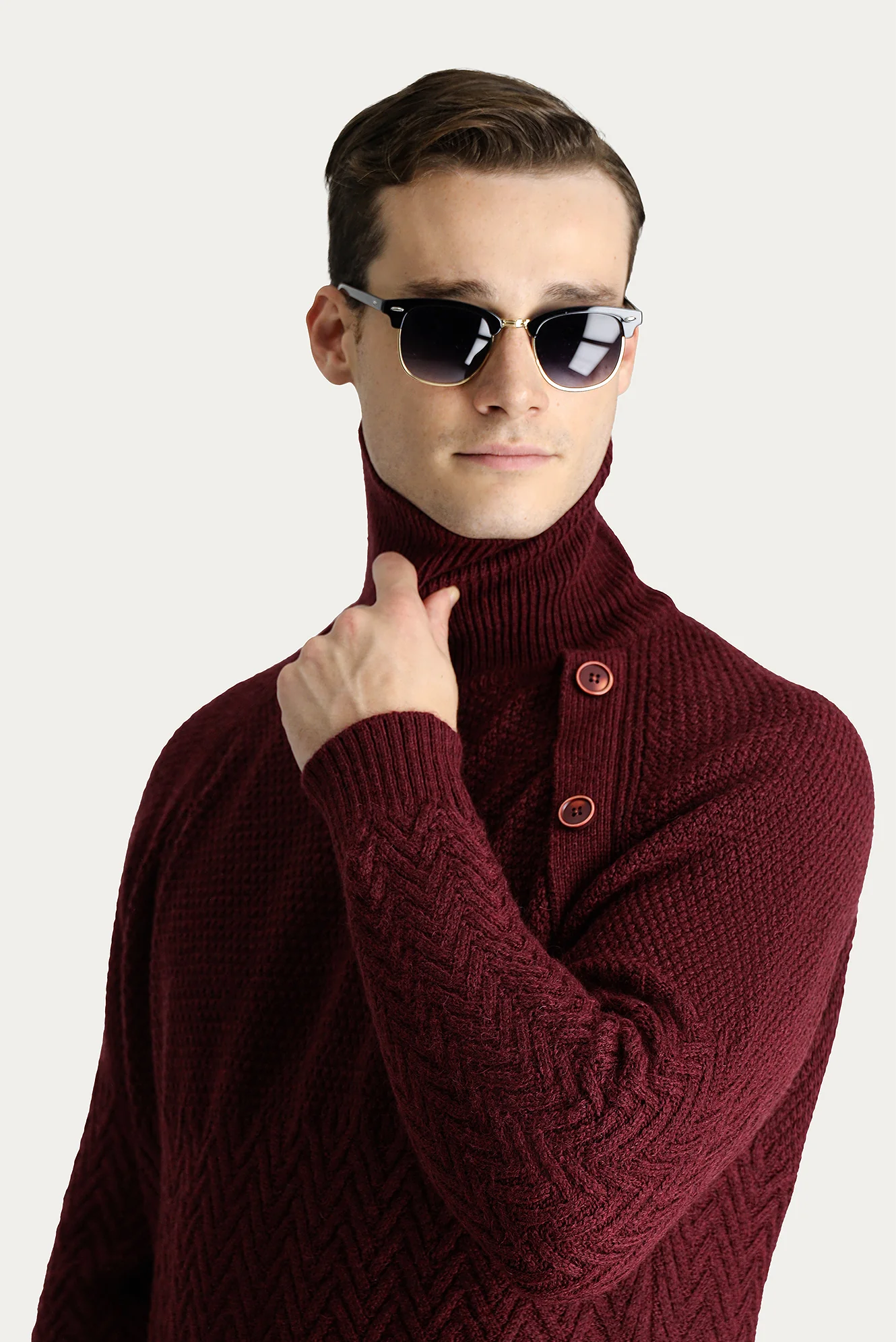 Koyu Bordo Balıkçı Yaka Slim Fit Dar Kesim Desenli Yünlü Triko Kazak
