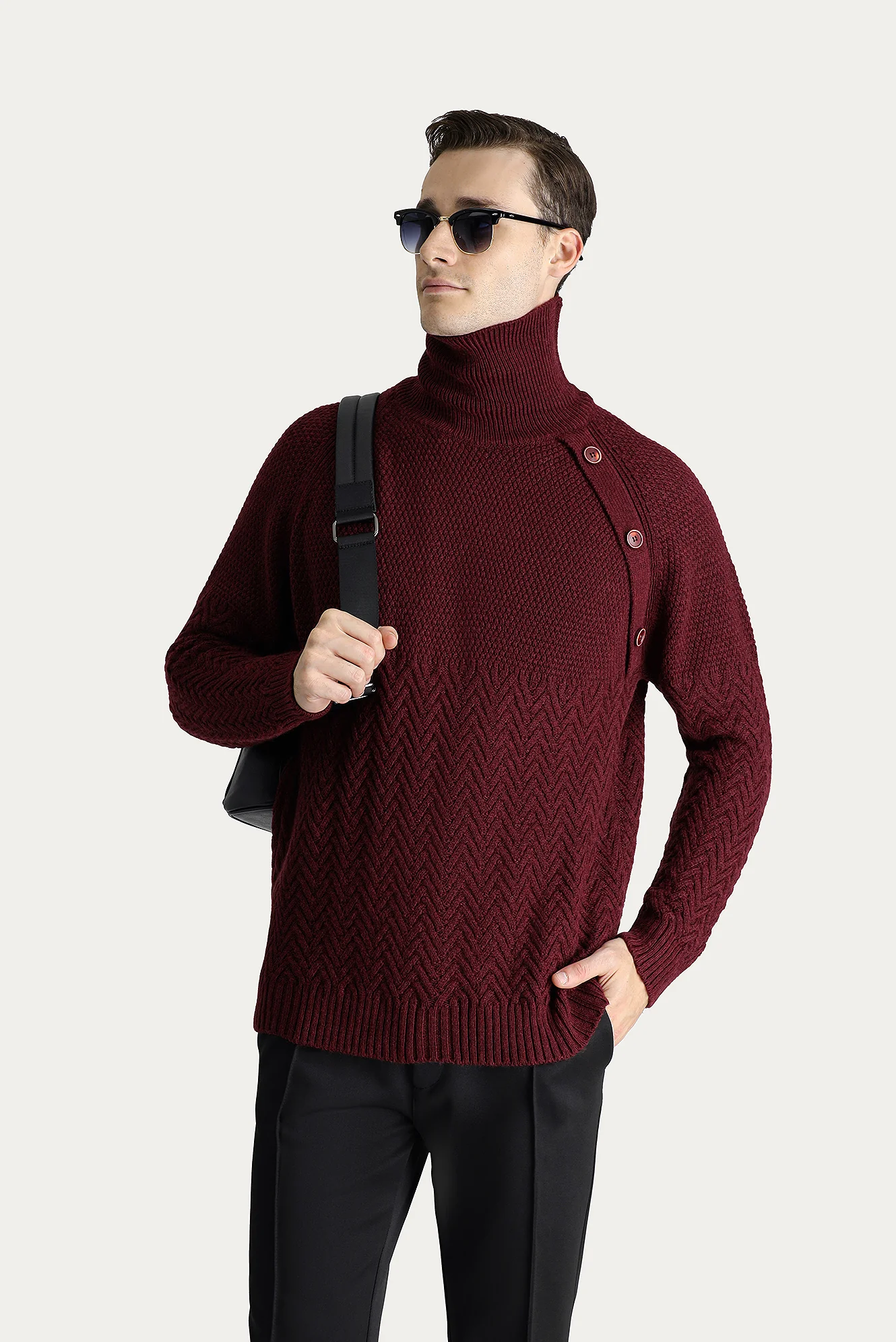 Koyu Bordo Balıkçı Yaka Slim Fit Dar Kesim Desenli Yünlü Triko Kazak - Image 2