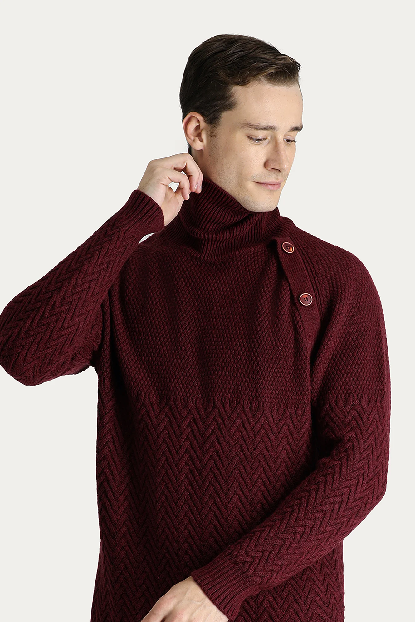 Koyu Bordo Balıkçı Yaka Slim Fit Dar Kesim Desenli Yünlü Triko Kazak - Image 3