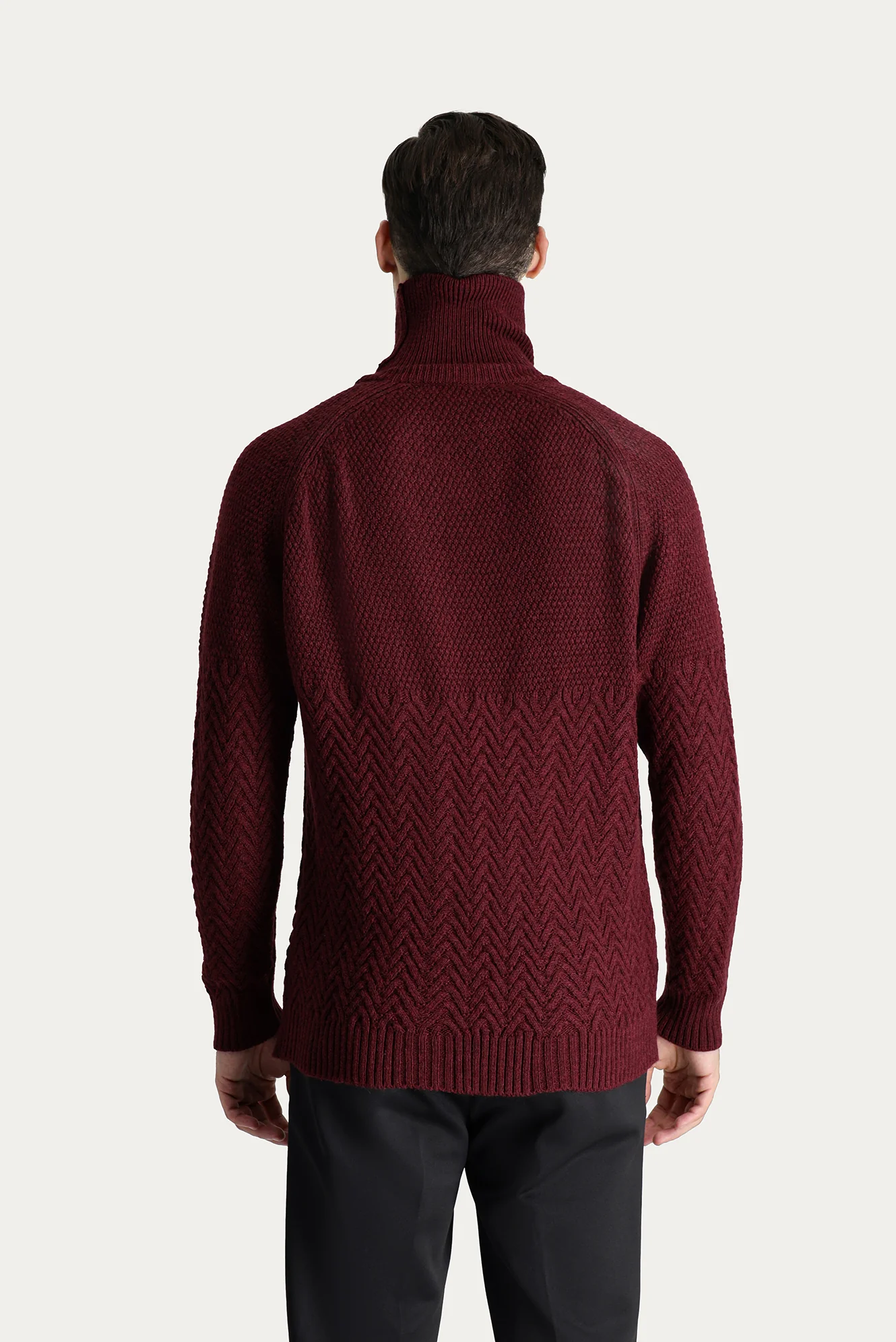 Koyu Bordo Balıkçı Yaka Slim Fit Dar Kesim Desenli Yünlü Triko Kazak - Image 4