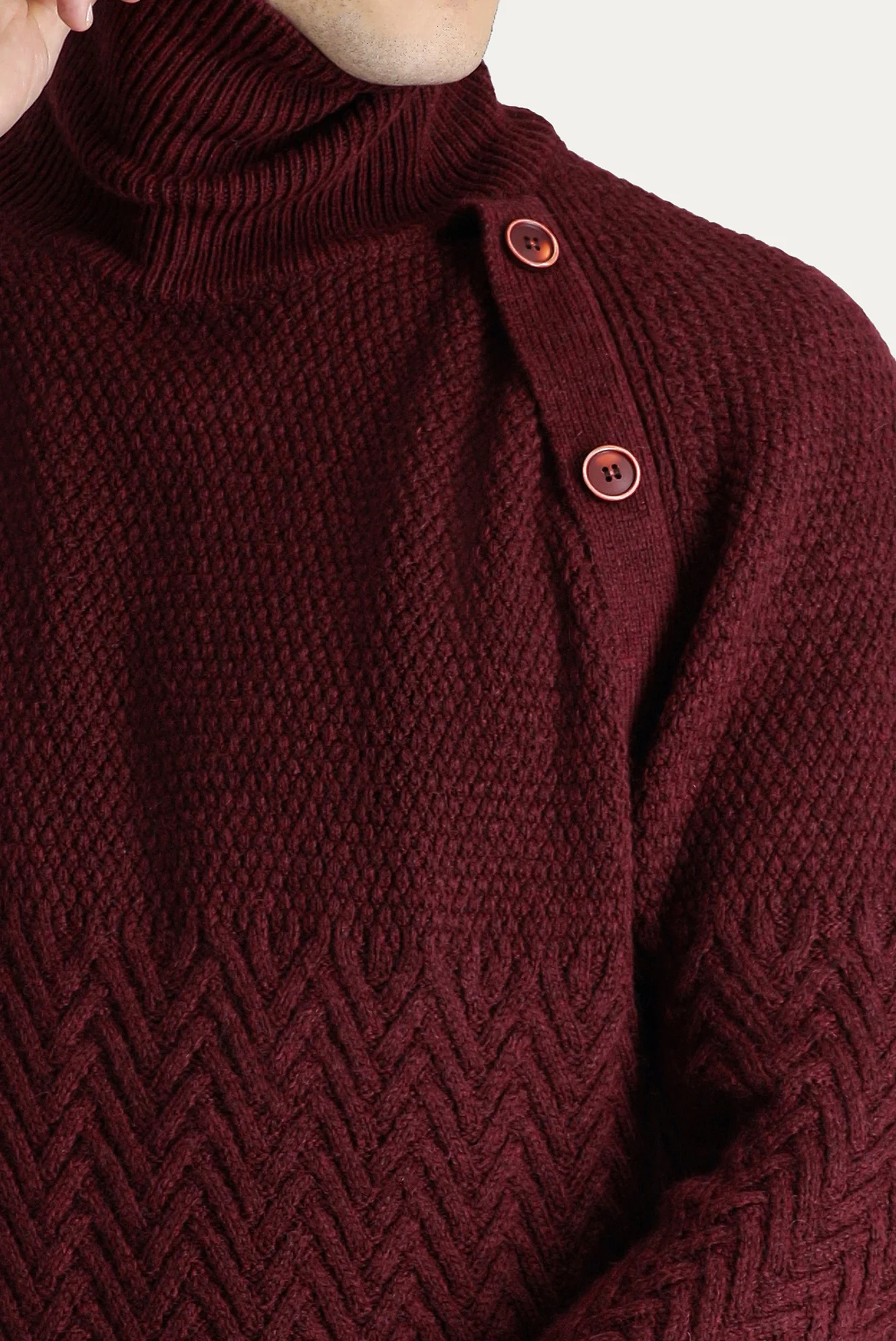 Koyu Bordo Balıkçı Yaka Slim Fit Dar Kesim Desenli Yünlü Triko Kazak - Image 5