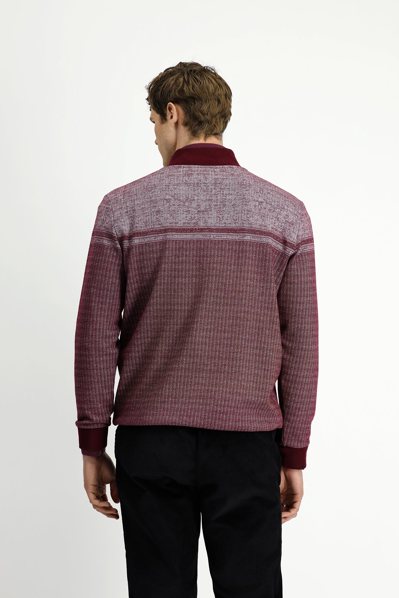 Koyu Bordo Yarım Balıkçı Yaka Yaka Regular Fit Desenli Fermuarlı Pamuklu Sweatshirt - Image 5
