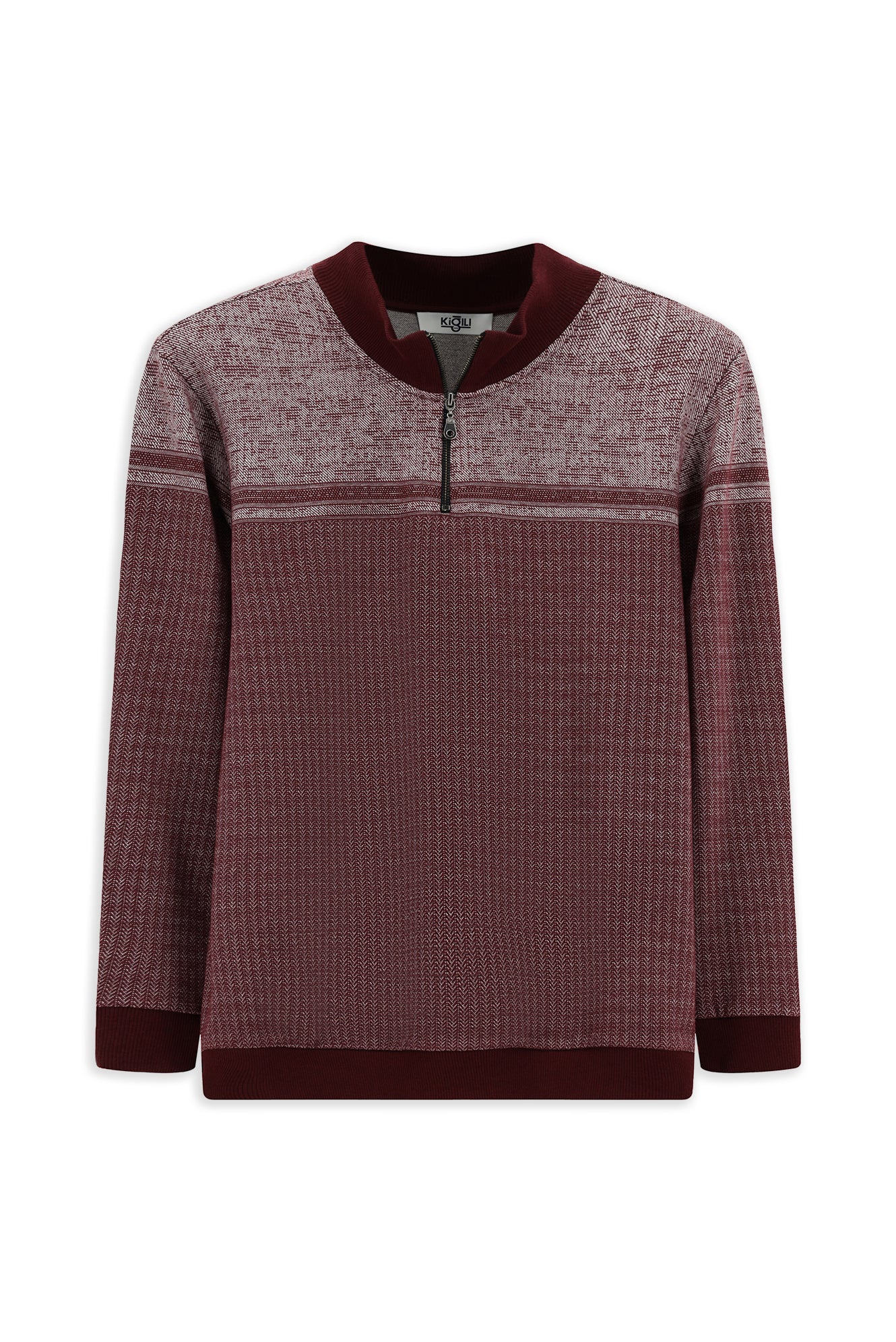 Koyu Bordo Yarım Balıkçı Yaka Yaka Regular Fit Desenli Fermuarlı Pamuklu Sweatshirt - Image 7