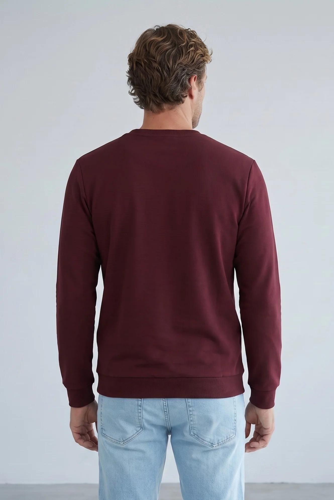 Koyu Bordo Bisiklet Yaka Regular Fit Nakışlı Basic İnce Sweatshirt - Image 4
