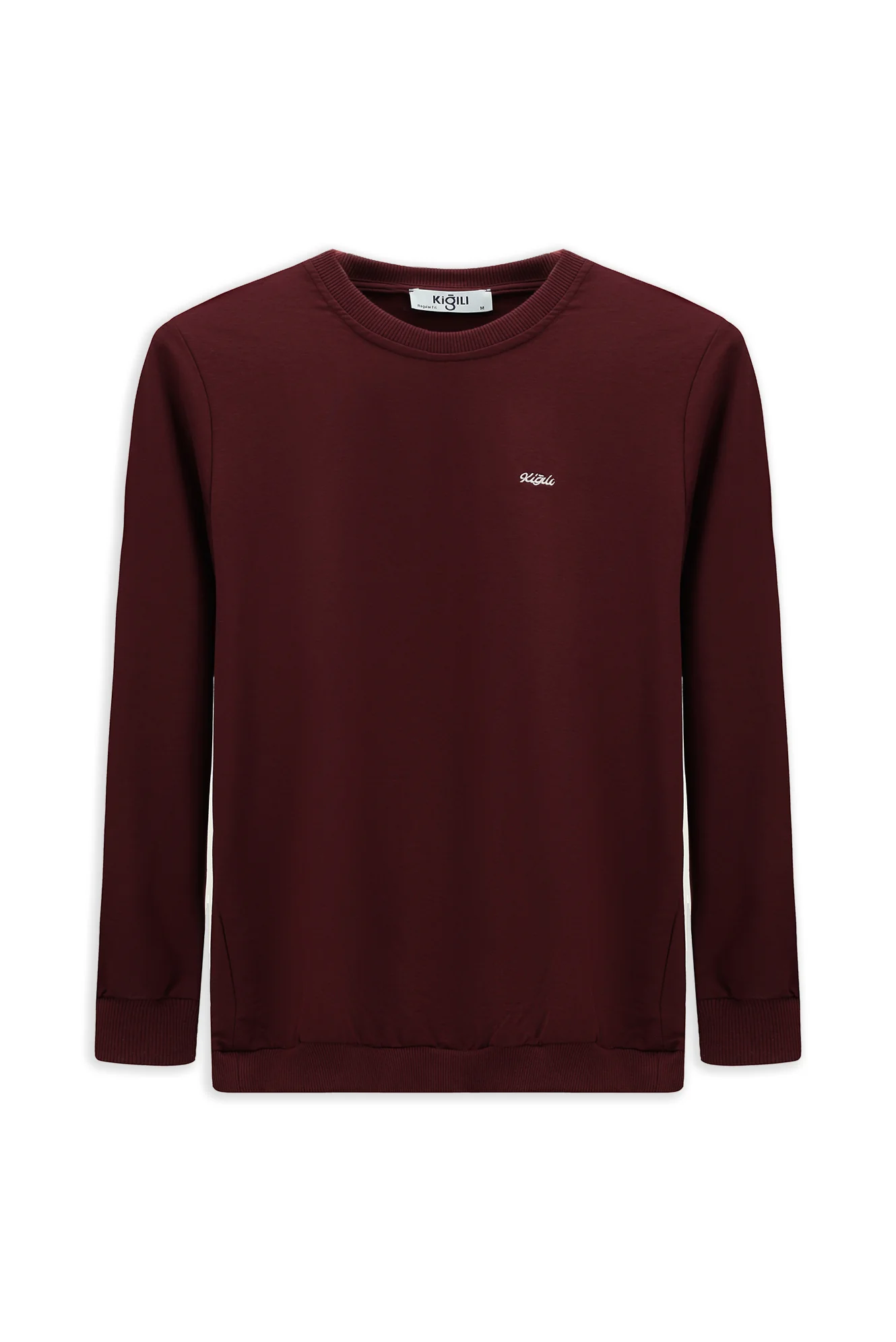 Koyu Bordo Bisiklet Yaka Regular Fit Nakışlı Basic İnce Sweatshirt - Image 7