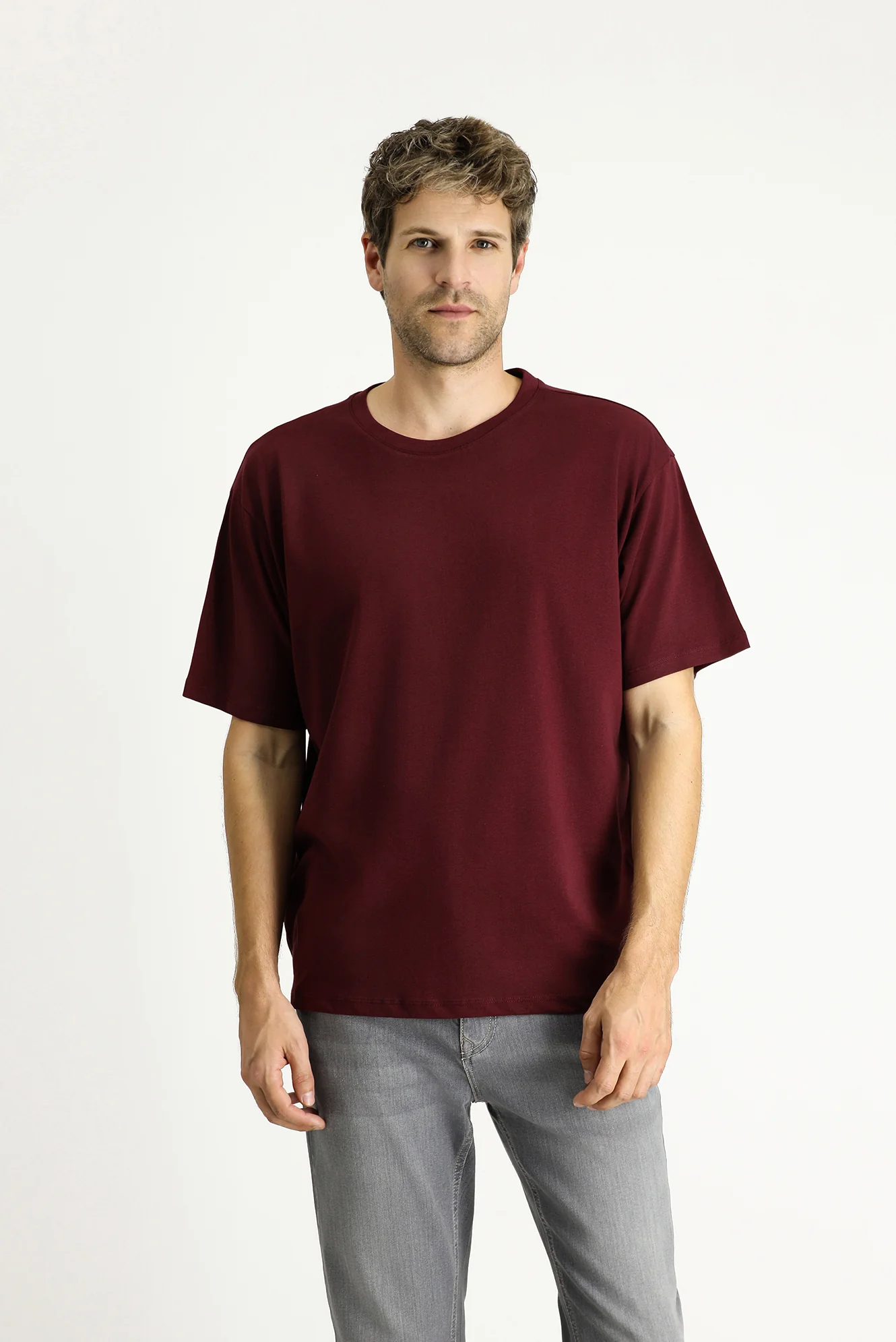 Koyu Bordo Bisiklet Yaka Oversize Süprem Pamuk Tişört - Image 3